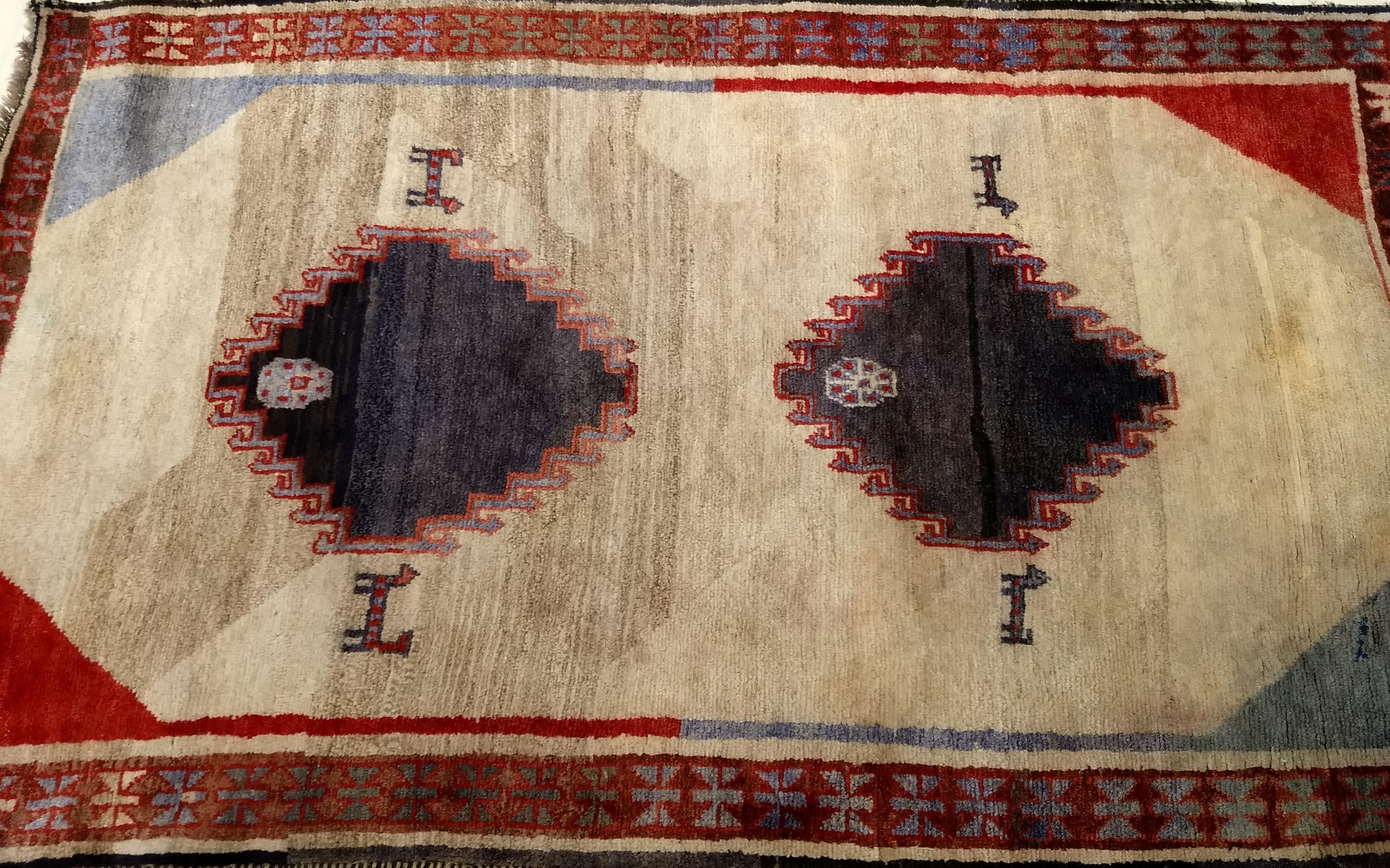 Vintage Persian Gabbeh in Geometric Pattern Ivory, Red, Blue For Sale 5