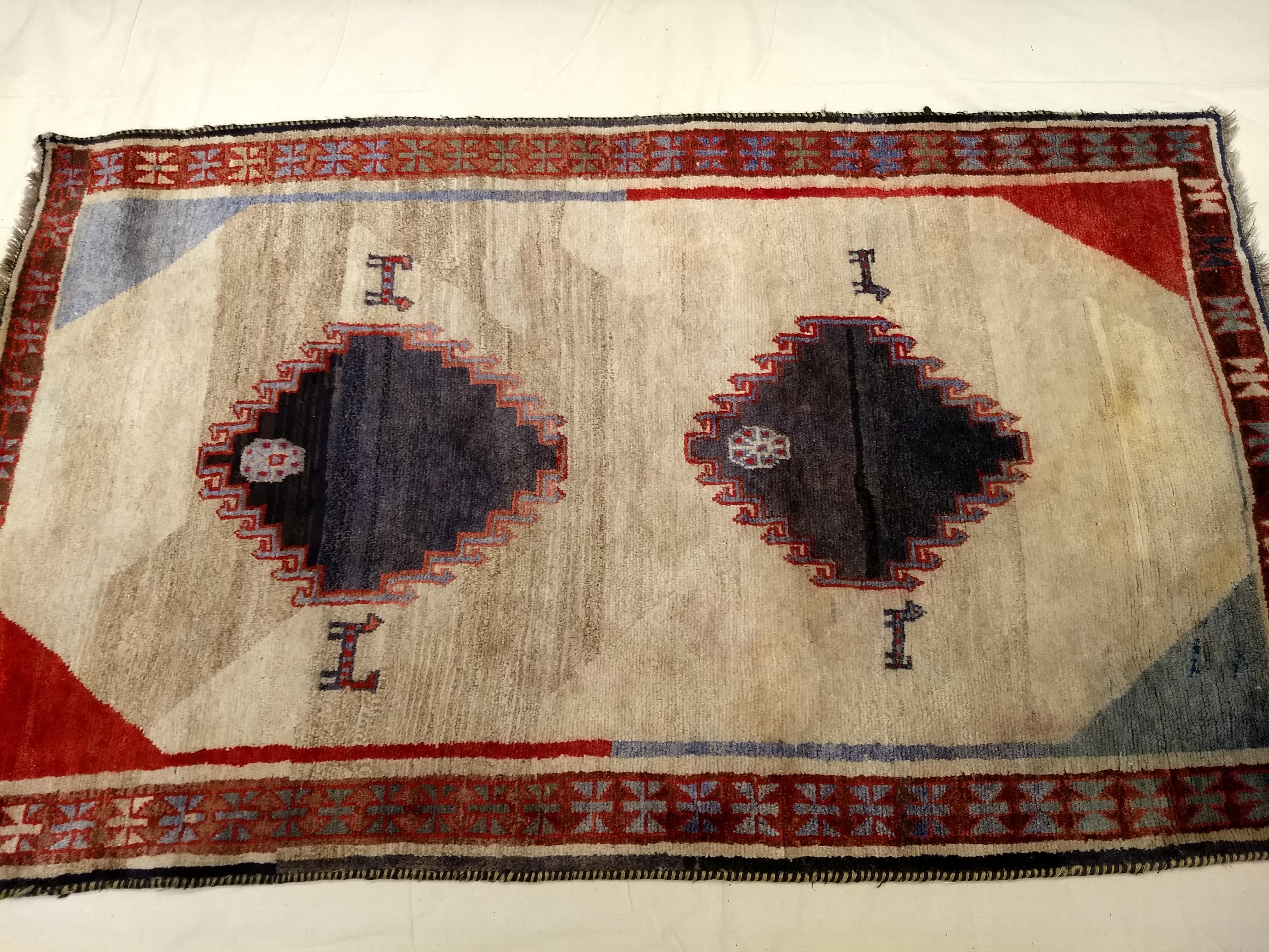 Vintage Persian Gabbeh in Geometric Pattern Ivory, Red, Blue For Sale 6
