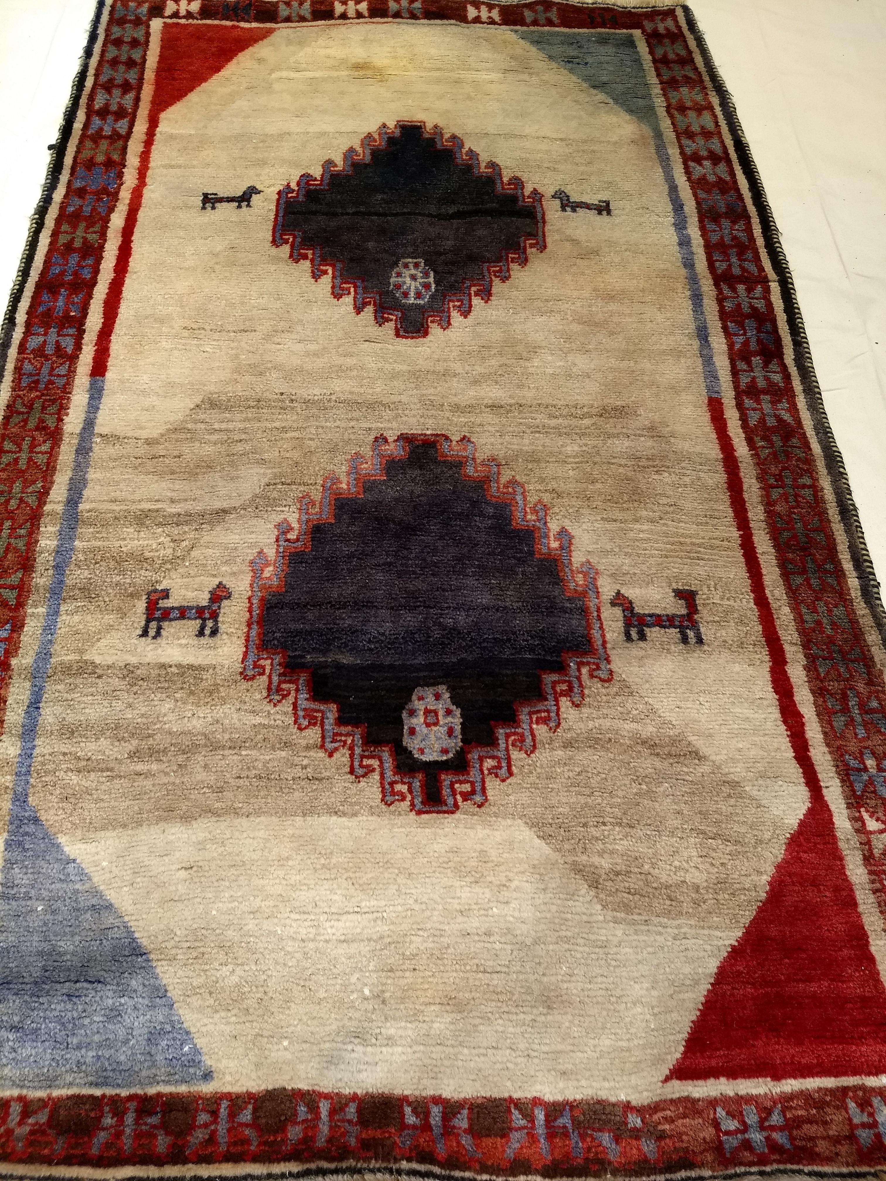Vintage Persian Gabbeh in Geometric Pattern Ivory, Red, Blue For Sale 7