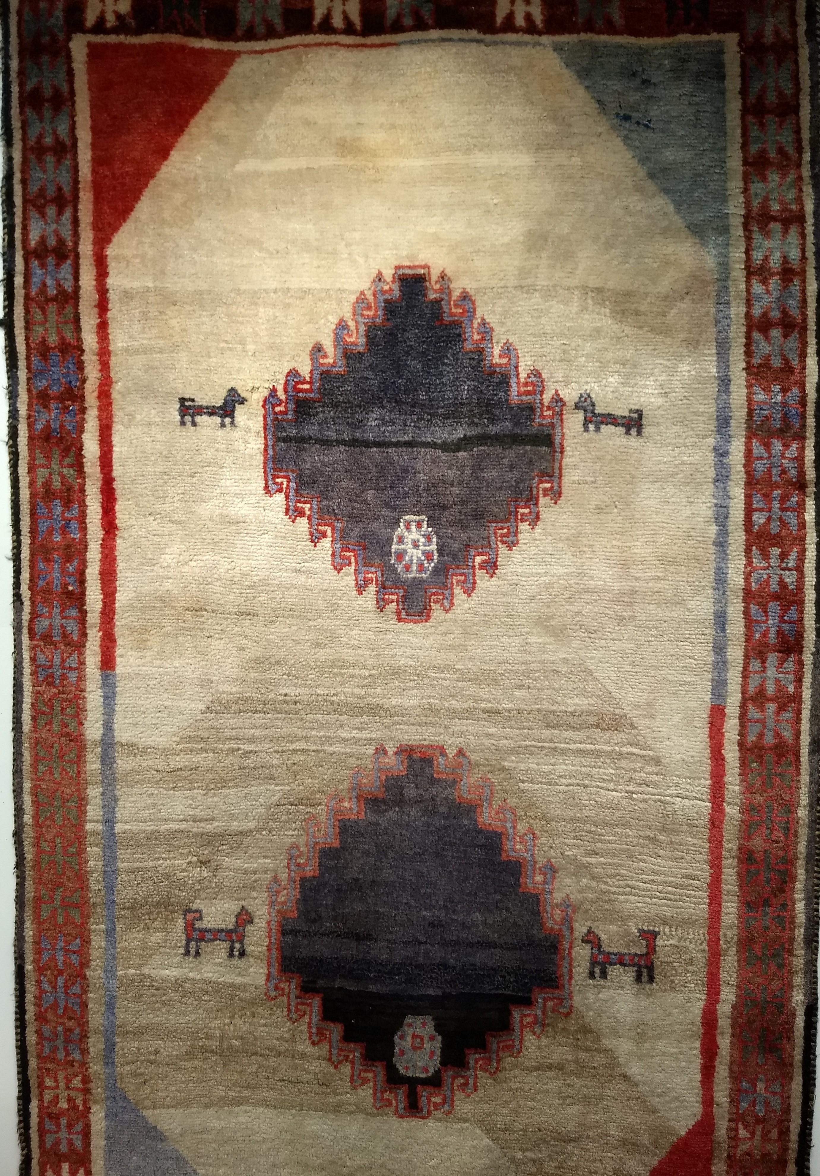 Hand-Woven Vintage Persian Gabbeh in Geometric Pattern Ivory, Red, Blue For Sale