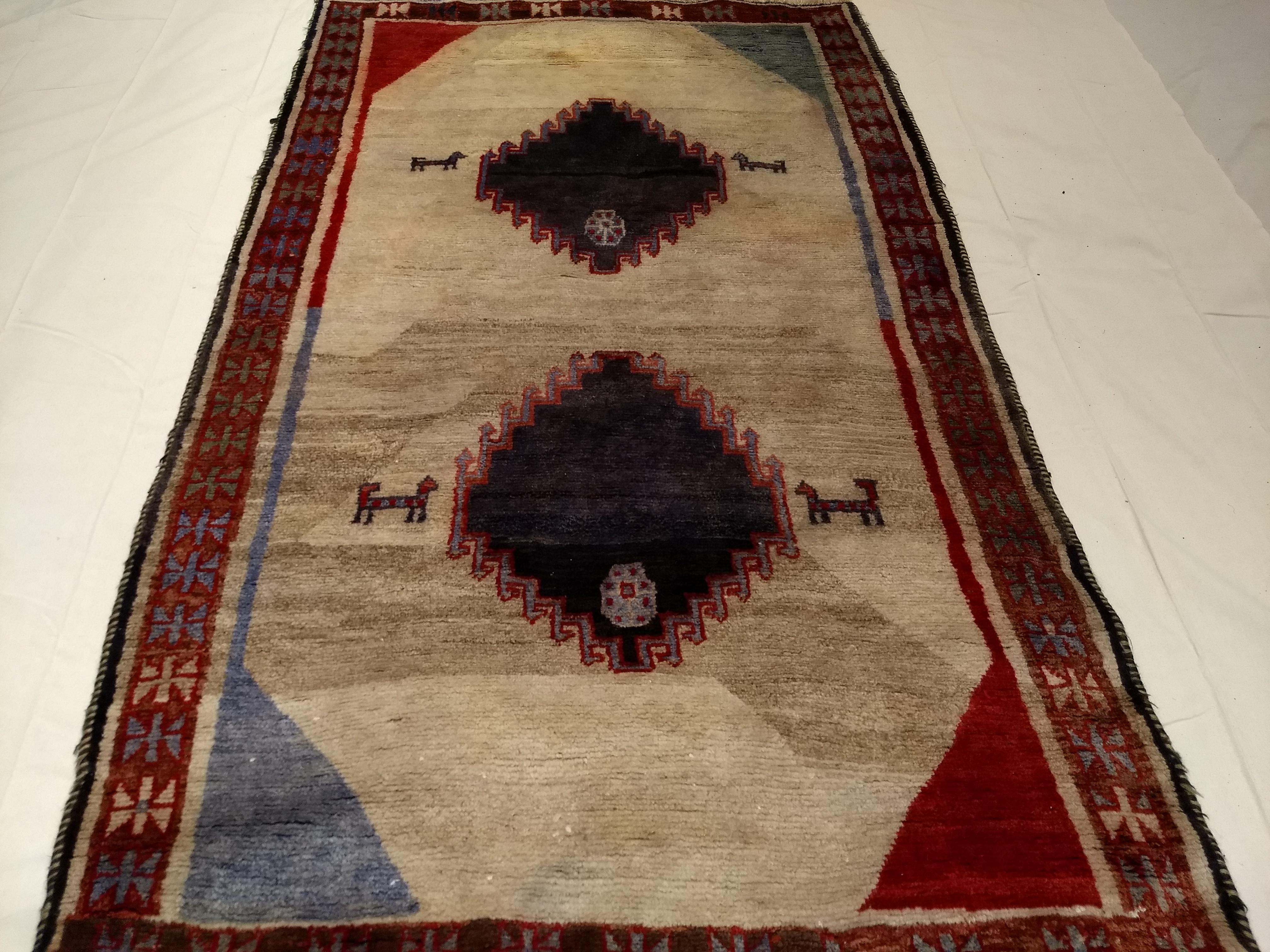 Wool Vintage Persian Gabbeh in Geometric Pattern Ivory, Red, Blue For Sale