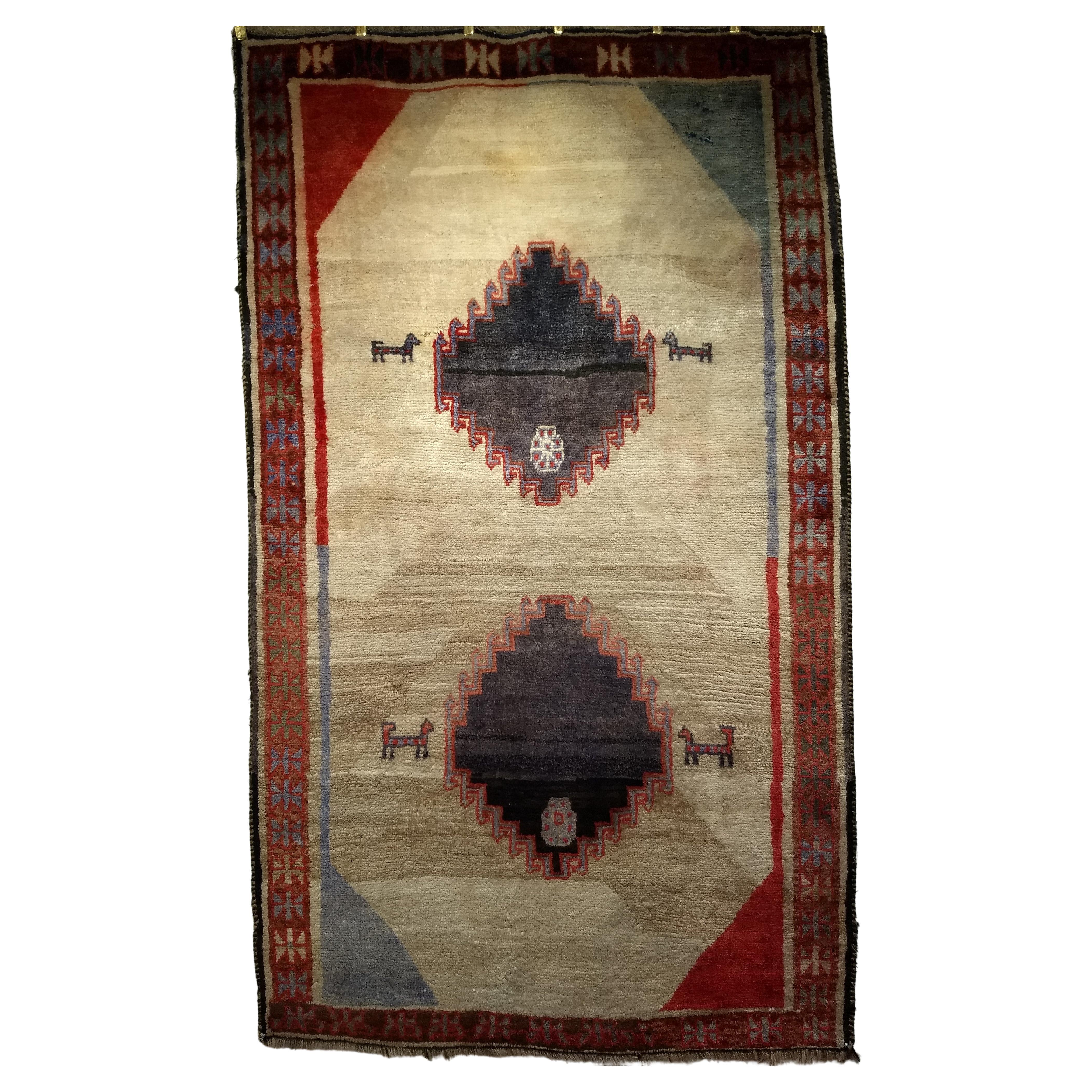 Vintage Persian Gabbeh in Geometric Pattern Ivory, Red, Blue For Sale