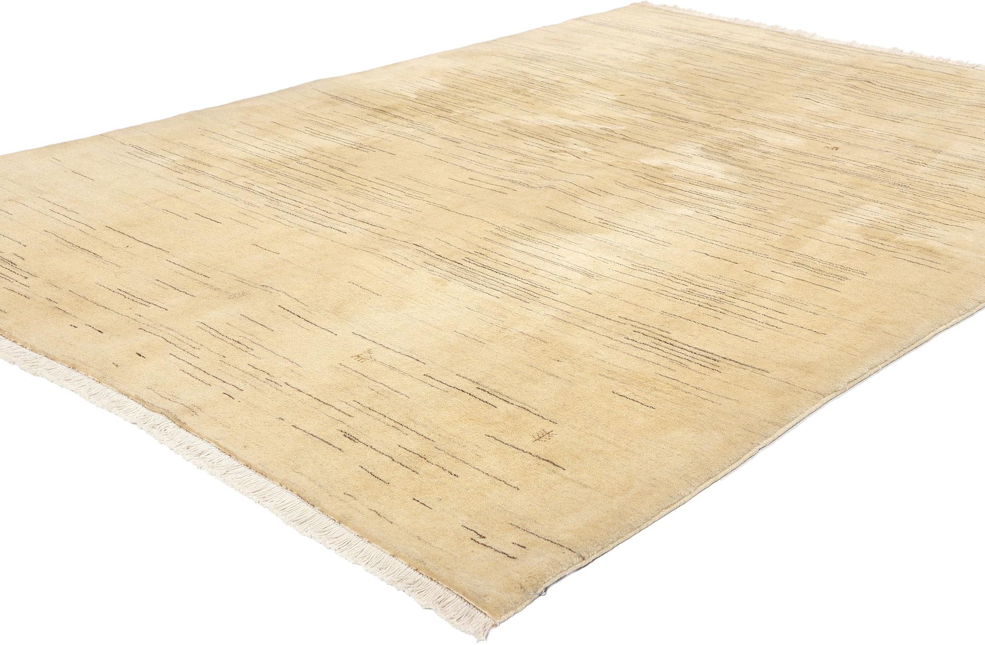 61169 Vintage Persian Gabbeh Rug, 05'02 x 07'06. Neutral Persian Gabbeh rugs are a type of traditional Persian rug known for their simplicity, thick pile, and muted color palette, typically featuring earthy tones like beige, cream, brown, and gray.