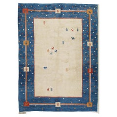 Vintage Persian Gabbeh Rug, Handmade Oriental Rug, White and Blue