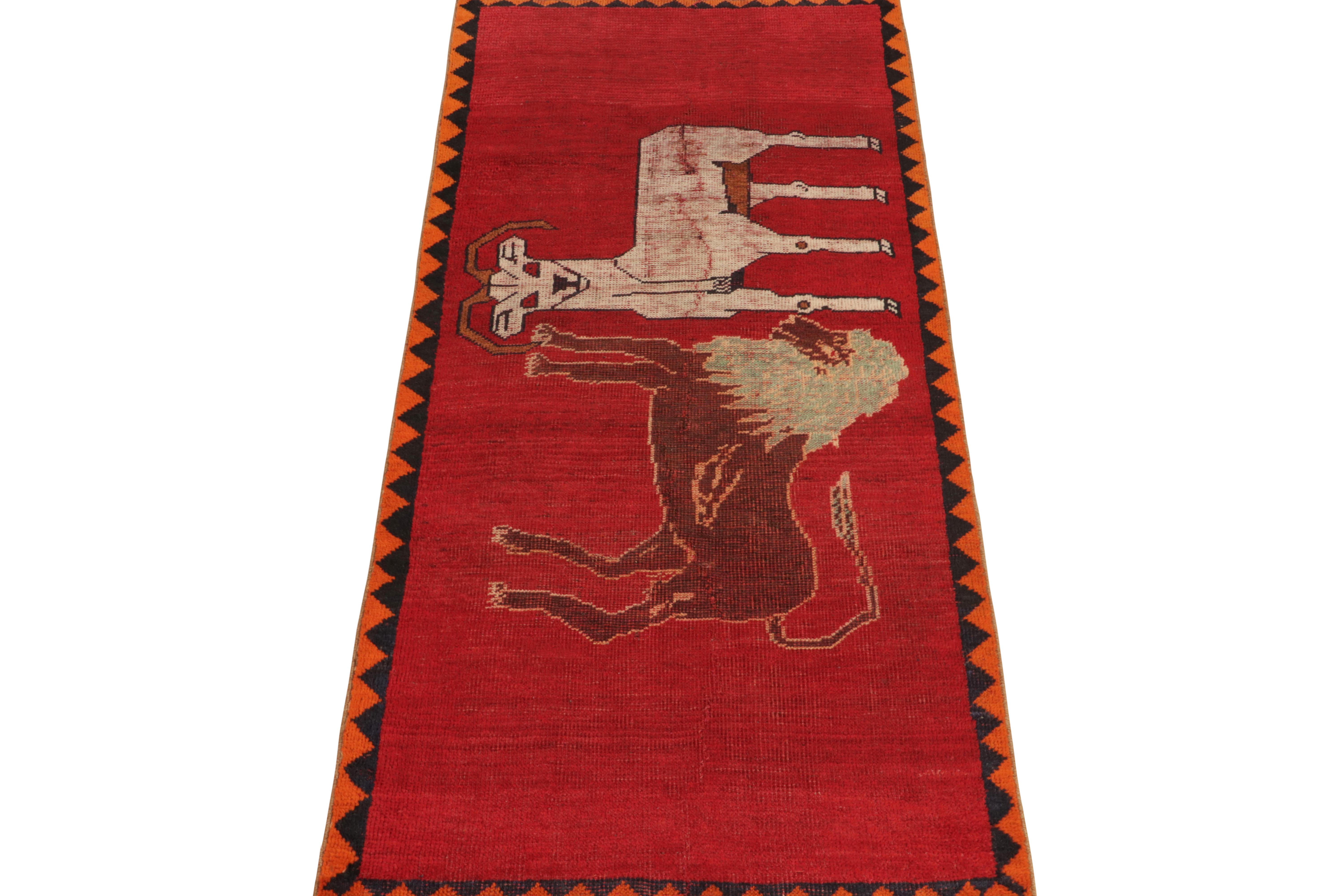 This vintage 3x7 Gabbeh Persian runner is from the latest entries in Rug & Kilim’s rare tribal curations. Hand-knotted in wool circa 1950-1960.

Further On the Design:

This tribal provenance is one of the most primitive, and collectible