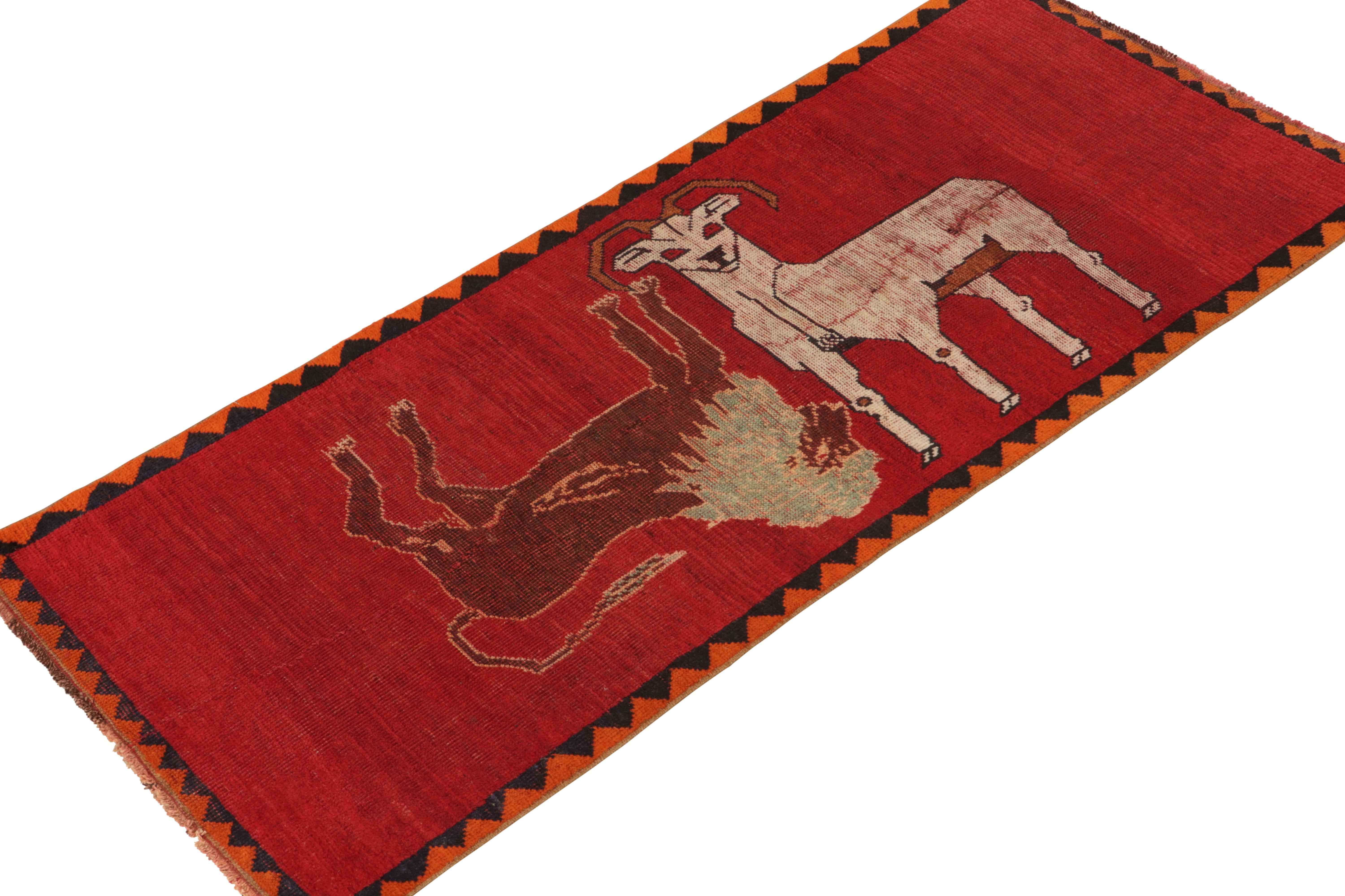 Tribal Vintage Persian Gabbeh Runner in Red with Animal Pictorials by Rug & Kilim For Sale