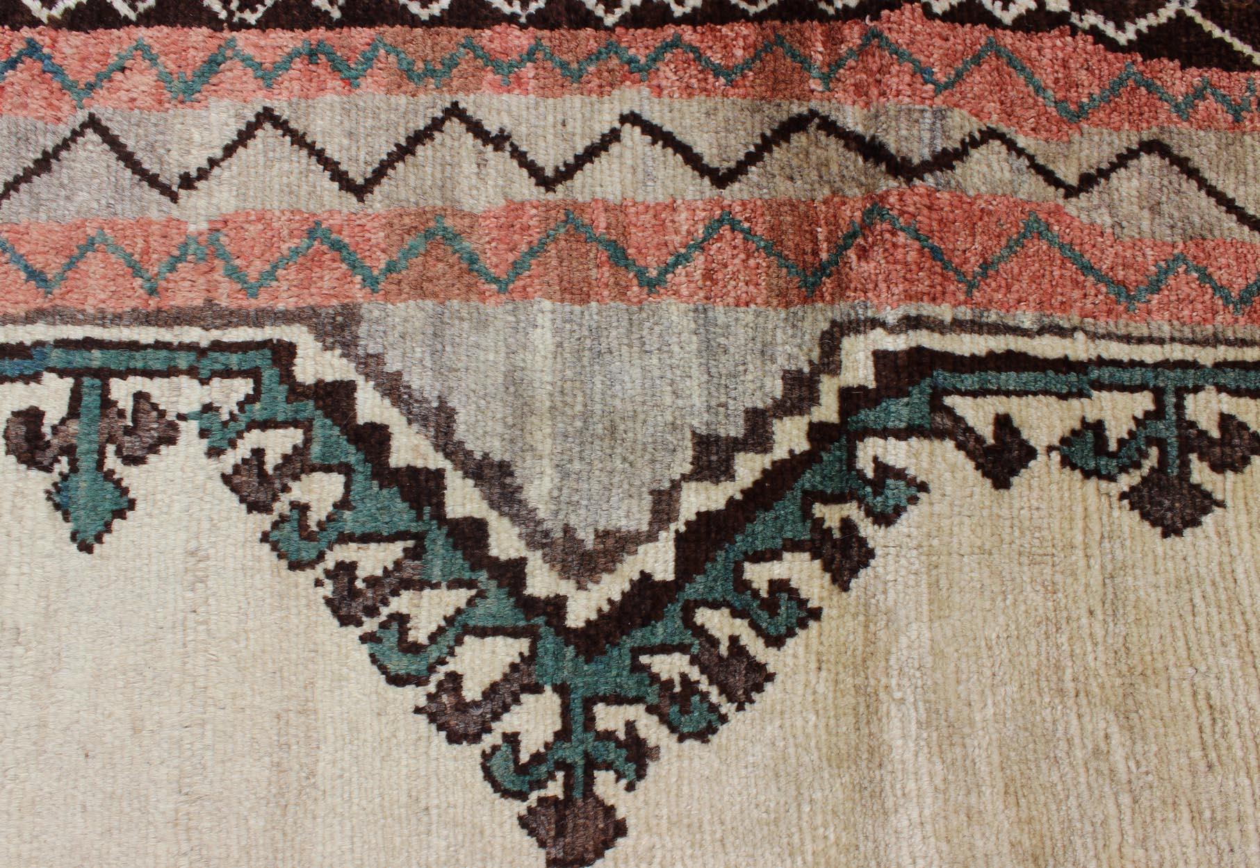 Vintage Persian Gabbeh Vintage Rug with Tribal Design in Cream, Red, and Green For Sale 5