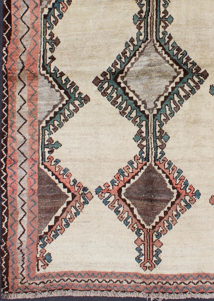 Hand-Knotted Vintage Persian Gabbeh Vintage Rug with Tribal Design in Cream, Red, and Green