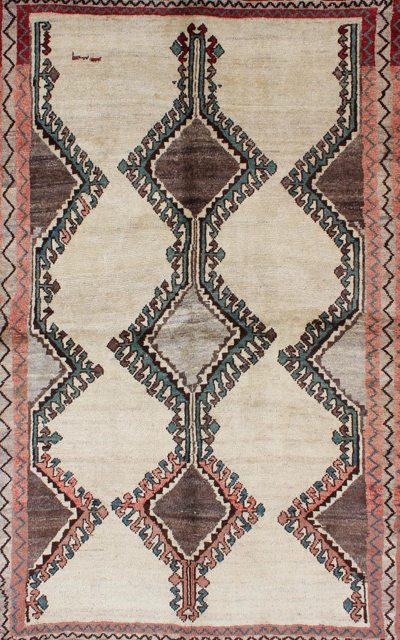 Vintage Persian Gabbeh Vintage Rug with Tribal Design in Cream, Red, and Green In Good Condition For Sale In Atlanta, GA