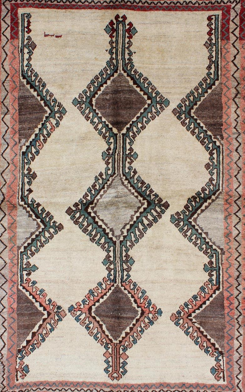 Vintage Persian Gabbeh Vintage Rug with Tribal Design in Cream, Red, and Green In Good Condition In Atlanta, GA