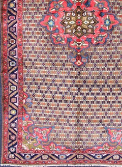 Vintage Persian Gallery Camel Hair Floral Medallion Hamadan Rug in Red and Brown