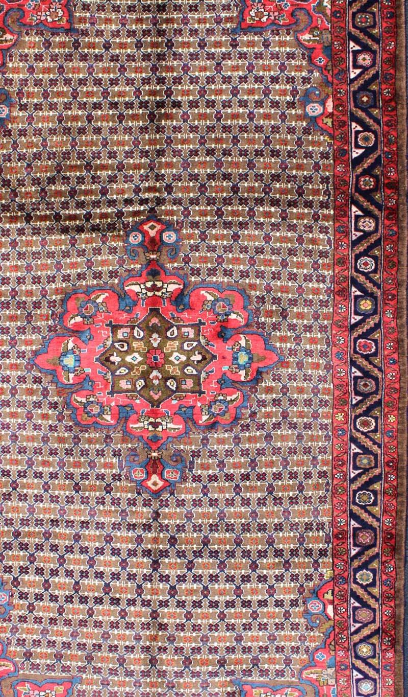 Tabriz Vintage Persian Gallery Camel Hair Floral Medallion Hamadan Rug in Red and Brown For Sale