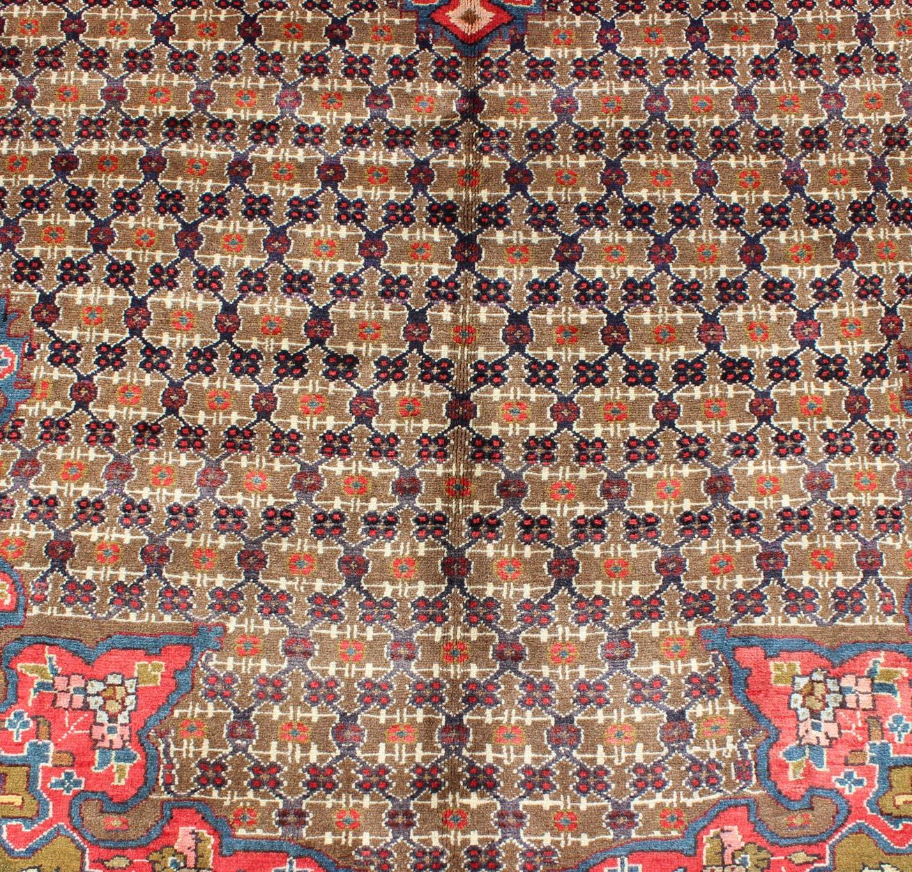Vintage Persian Gallery Camel Hair Floral Medallion Hamadan Rug in Red and Brown In Excellent Condition For Sale In Atlanta, GA