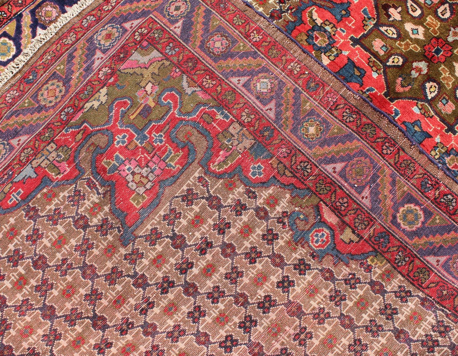 Vintage Persian Gallery Camel Hair Floral Medallion Hamadan Rug in Red and Brown For Sale 1