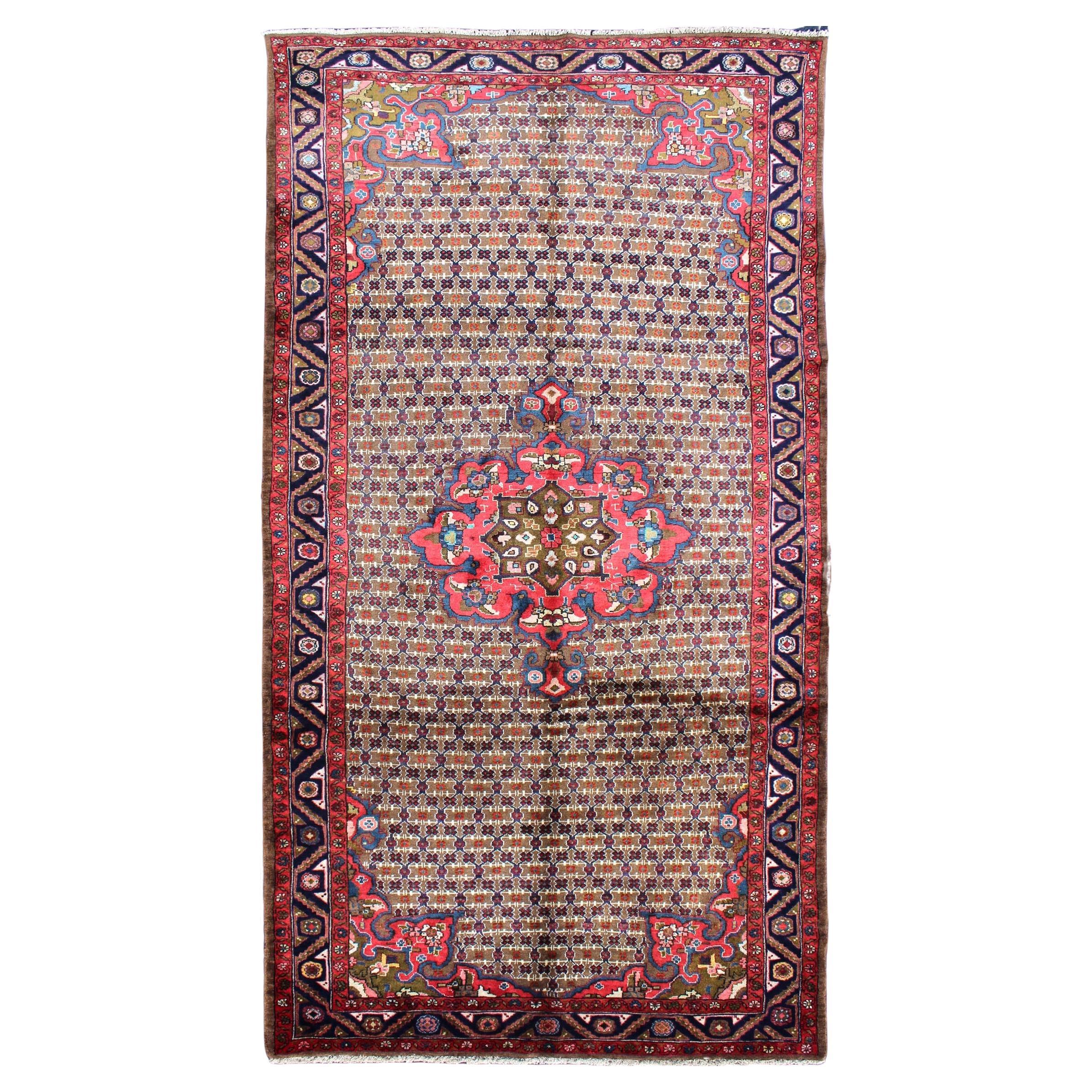 Vintage Persian Gallery Camel Hair Floral Medallion Hamadan Rug in Red and Brown For Sale