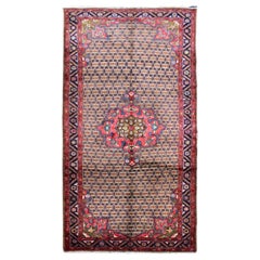 Tapis persan vintage en poils de chameau à médaillons floraux Hamadan rouge et marron