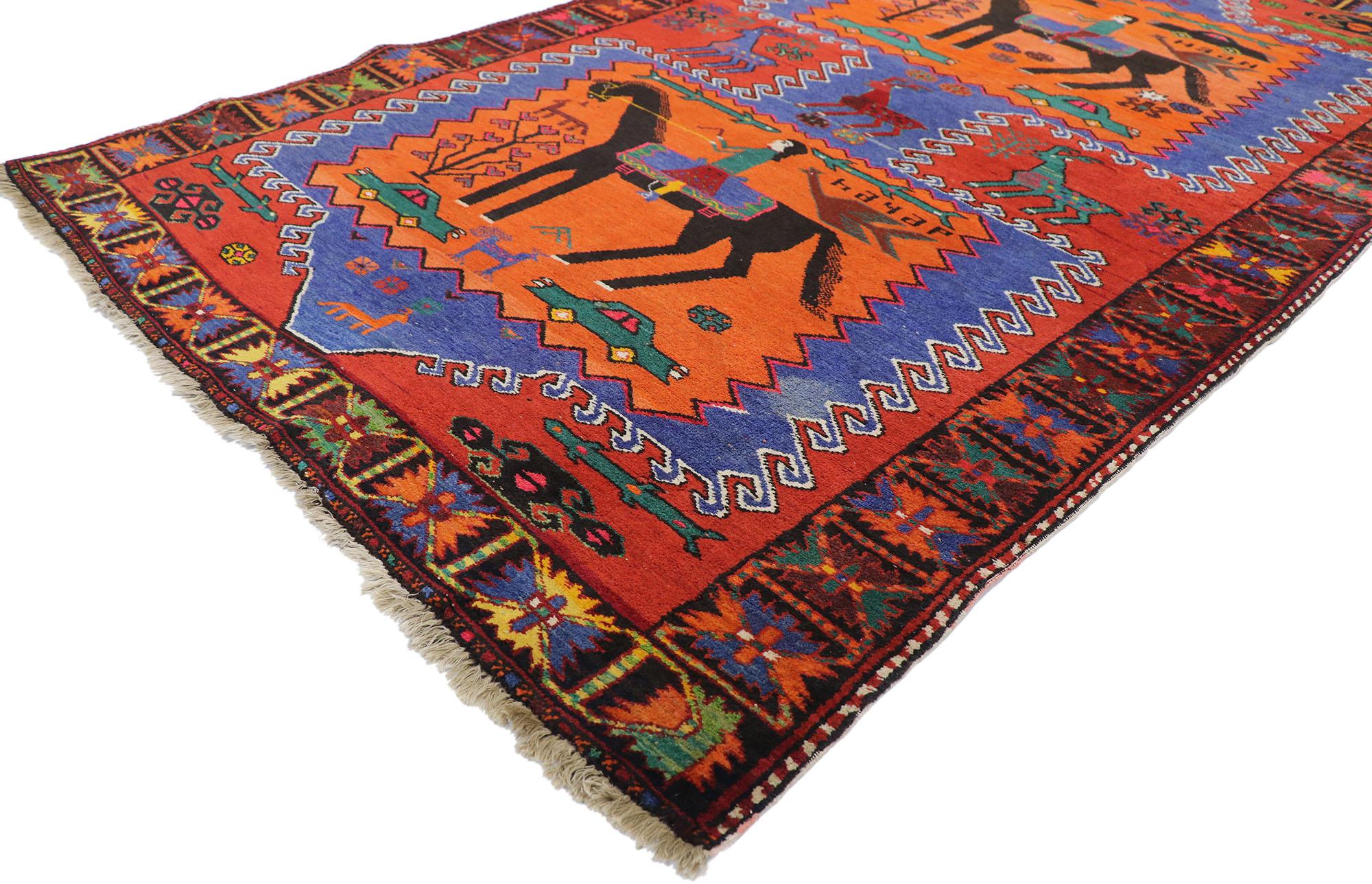 77620, vintage Persian Gharabagh Pictorial rug 04'05 x 07'04. With its geometric pattern, bold form and vibrant colors, this hand knotted wool vintage Persian Garabagh rug possesses rich cultural attributes representing the beauty of tribal weaving.