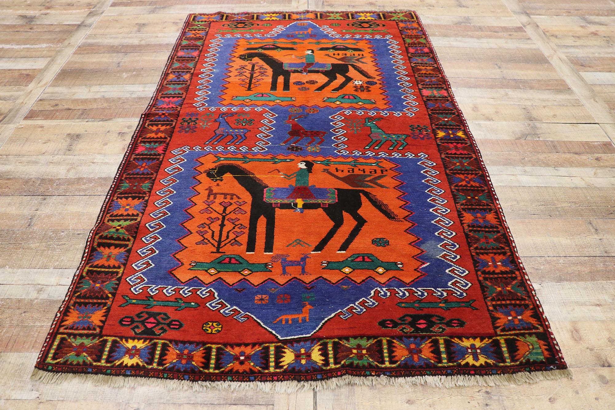 Wool Vintage Persian Garabagh Pictorial Rug For Sale