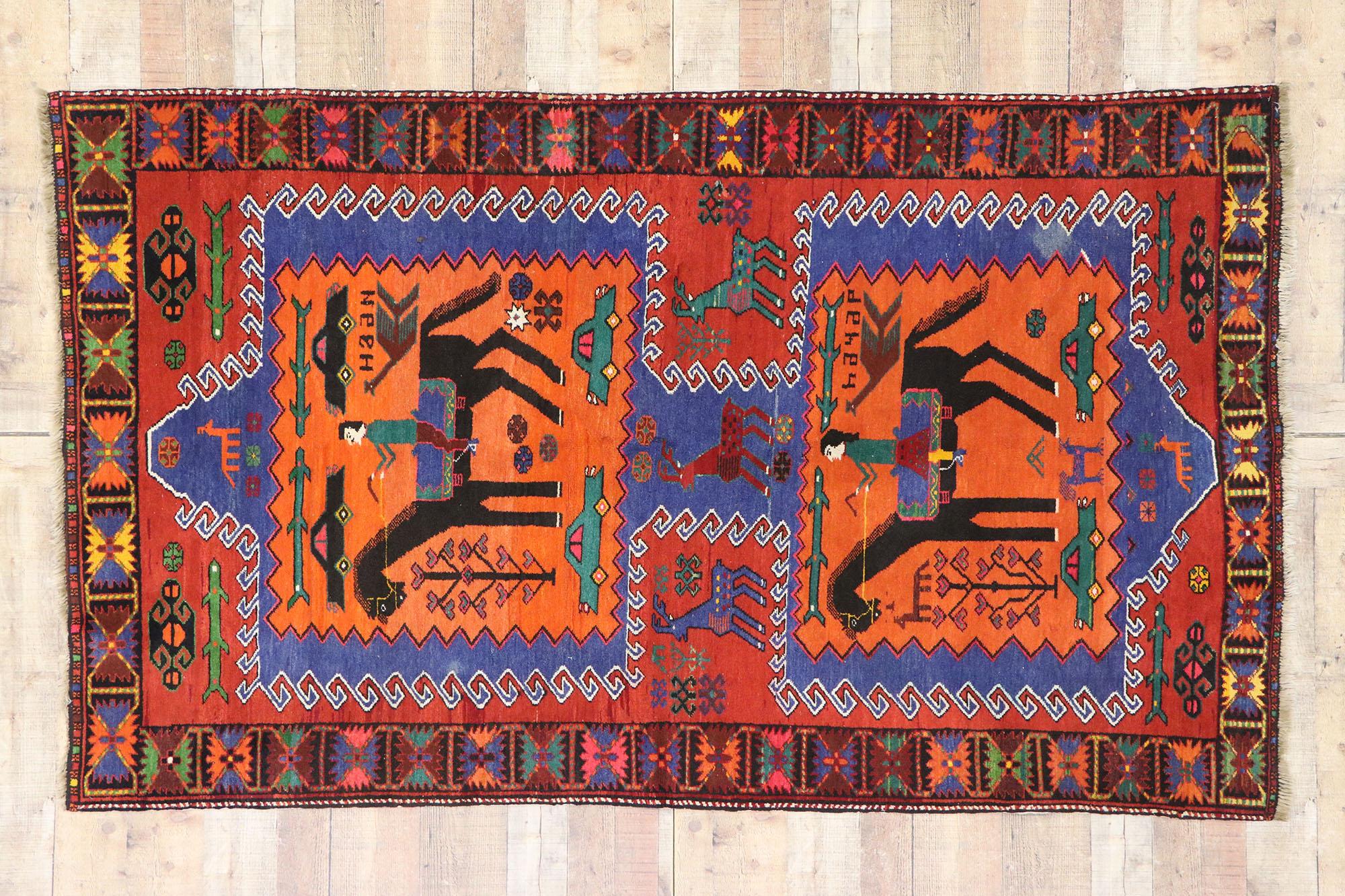 Laine Tapis vintage persan Garabagh à motifs picturaux en vente