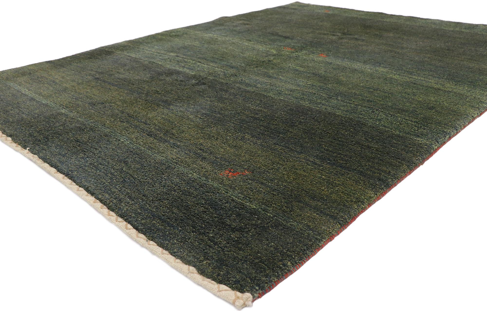 78040 Vintage Persian Green Moss Gabbeh rug with Biophilic Design 05'11 x 08'01. With its simplicity, modern biophilic design and reflecting elements of nature, this hand-knotted vintage Persian Gabbeh rug is a captivating vision of woven beauty.