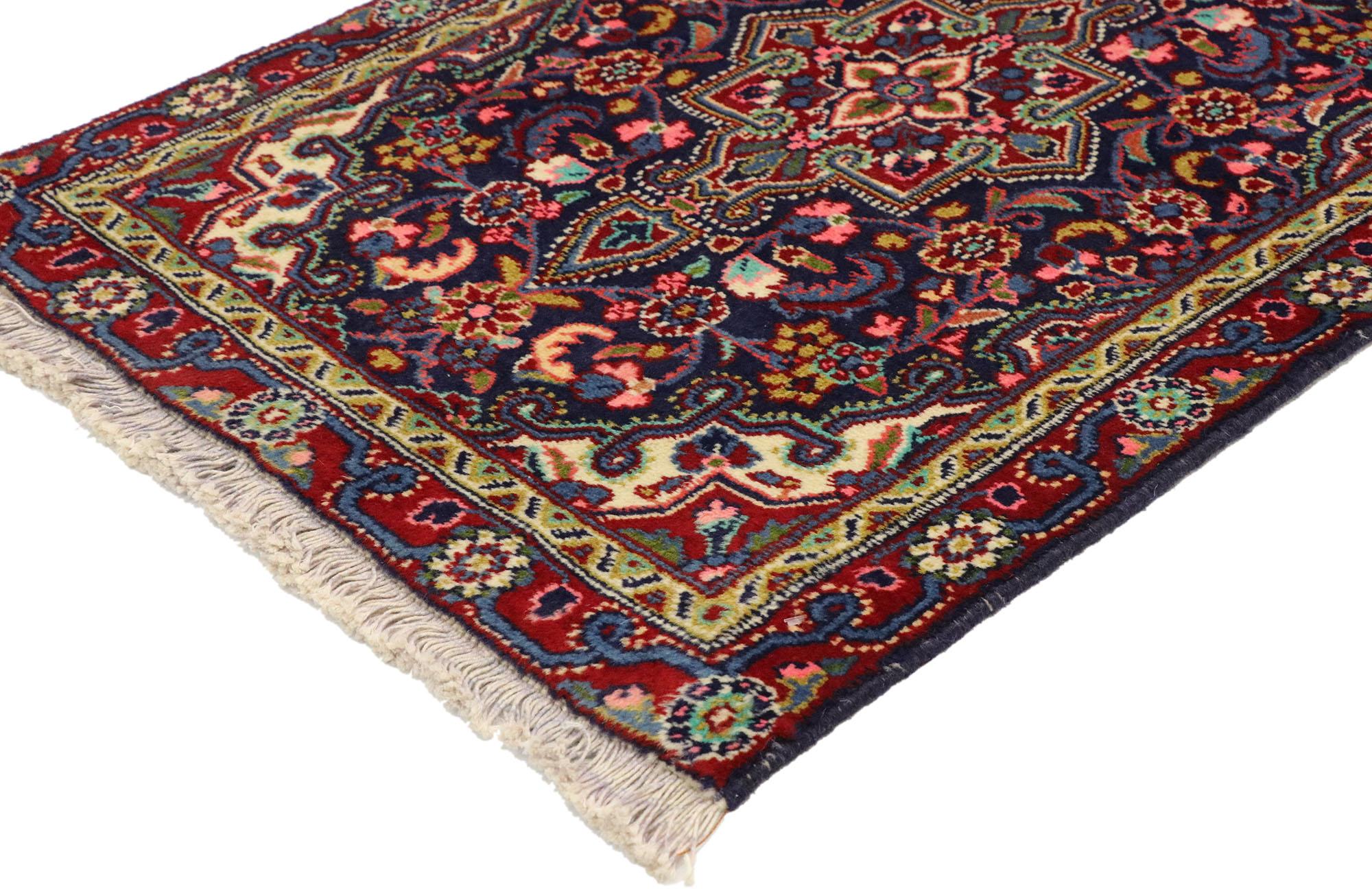 76219, vintage Persian Hamadan Accent rug, small Persian rug. This vibrant Persian Hamadan rug with modern style features a stylized central medallion rendered in hues of hot pink, mint green, royal blue, apricot, ivory and aquamarine floating on a
