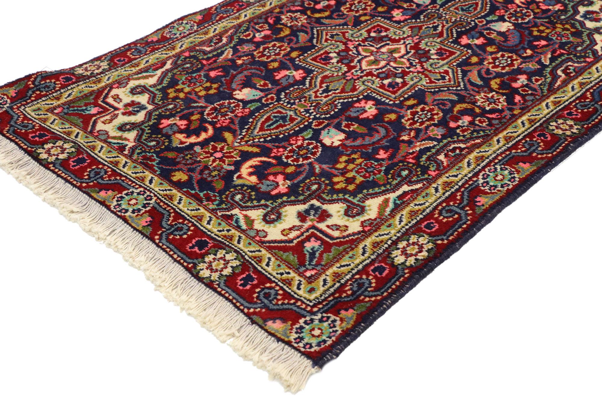 76218, vintage Persian Hamadan Accent rug, small Persian rug. This vibrant Persian Hamadan rug with modern style features a stylized central medallion rendered in hues of hot pink, mint green, royal blue, apricot, ivory and aquamarine floating on a