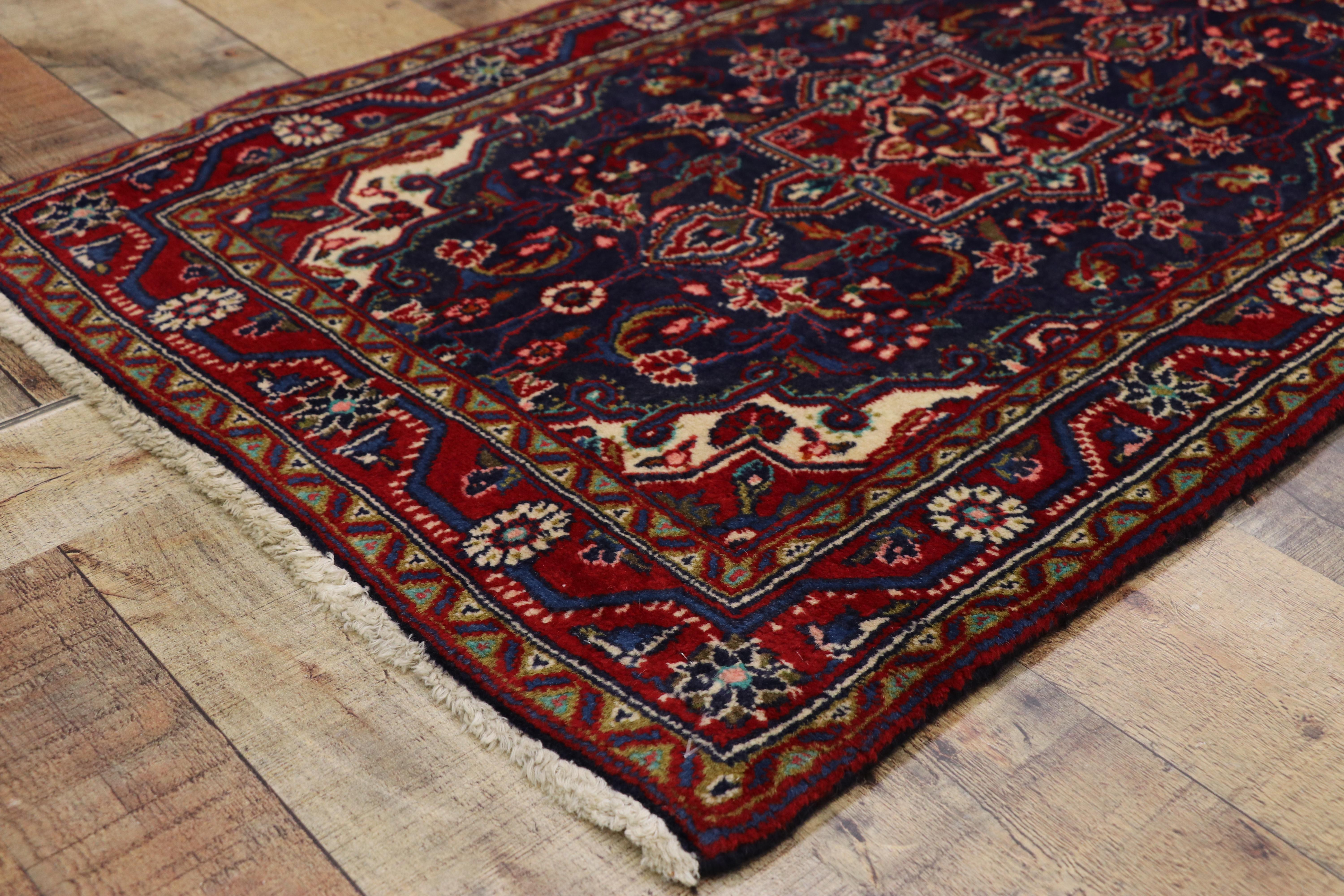 76208 Vintage Persian Hamadan Accent Rug, Small Persian Rug. This vibrant Persian Hamadan rug with traditional style features a stylized central square medallion flanked with trefoil pendants on either side surrounded by an allover floral pattern