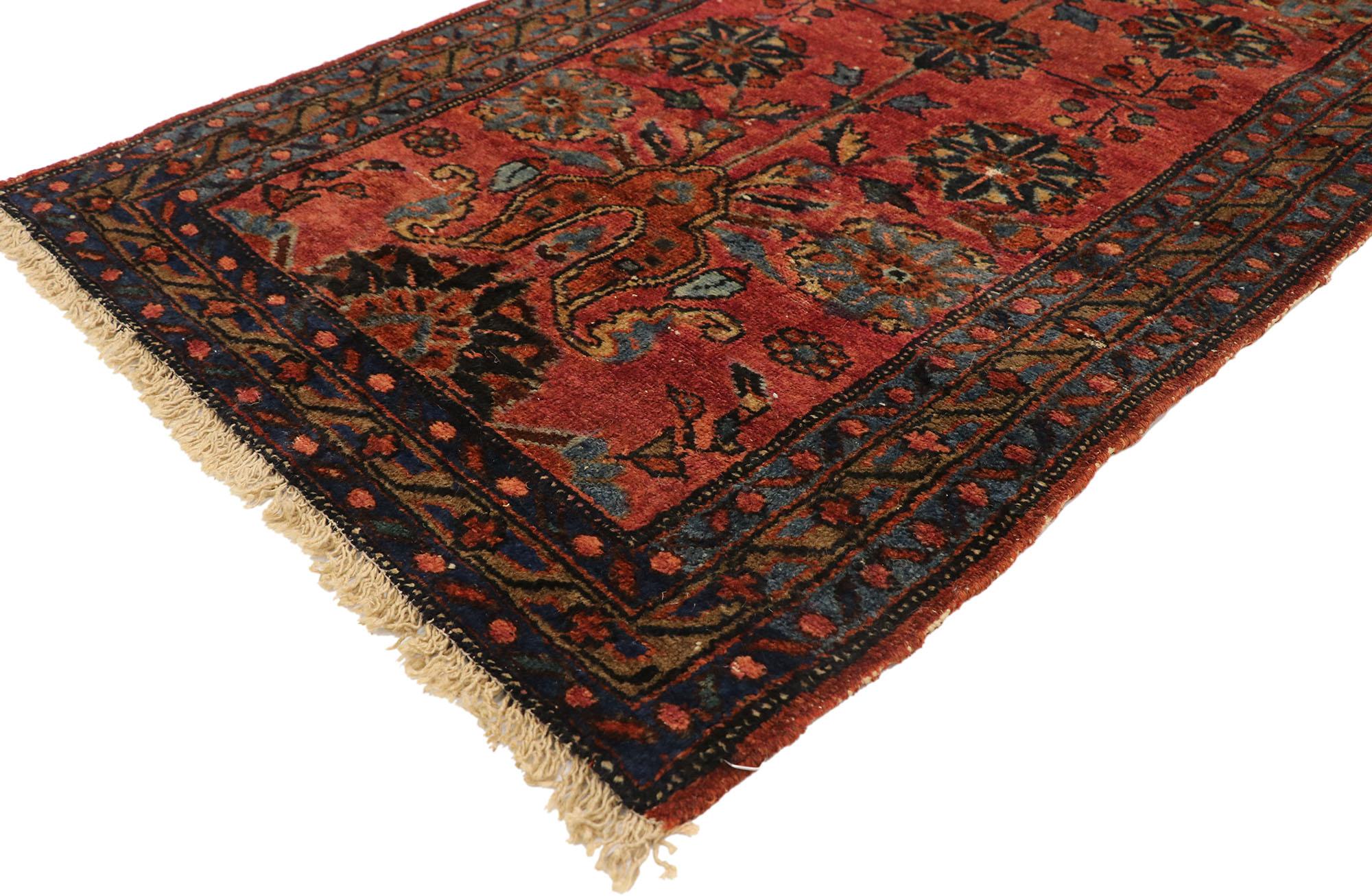 77411 vintage Persian Hamadan rug with English Tudor Manor House style, Small Persian Accent rug. With its warm, rich colors and ornate detailing, this hand knotted wool vintage Persian Hamadan accent rug is poised to impress. It features a