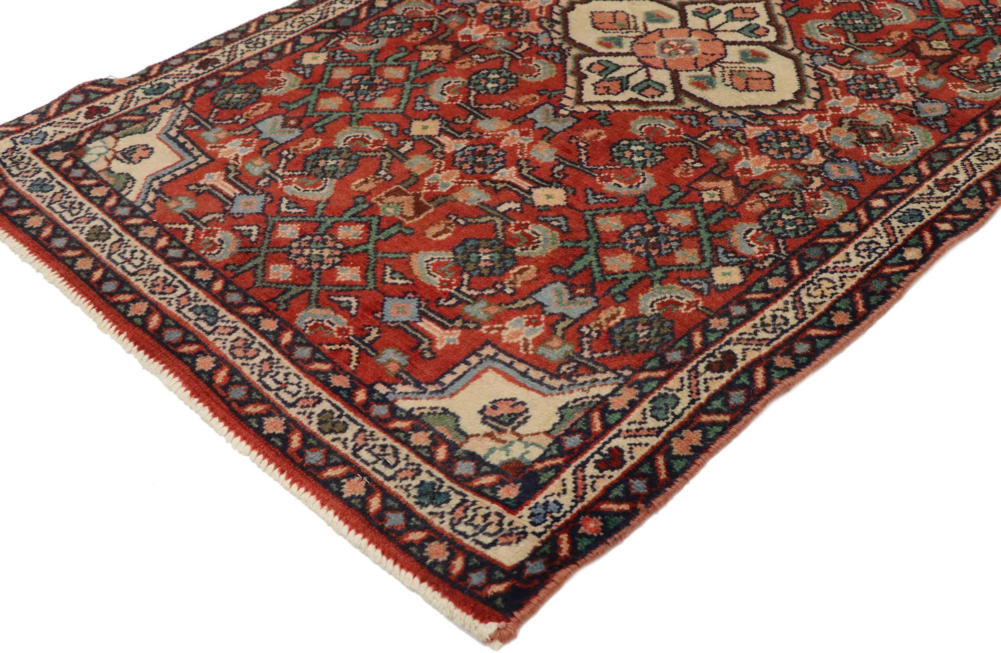 76035, vintage Persian Hamadan accent rug with Medallion Design. Known for their wide variety of both geometric and floral styles, the thick wool pile of Hamadan rugs makes for a sturdy and reliable carpet. This hand knotted wool vintage Persian