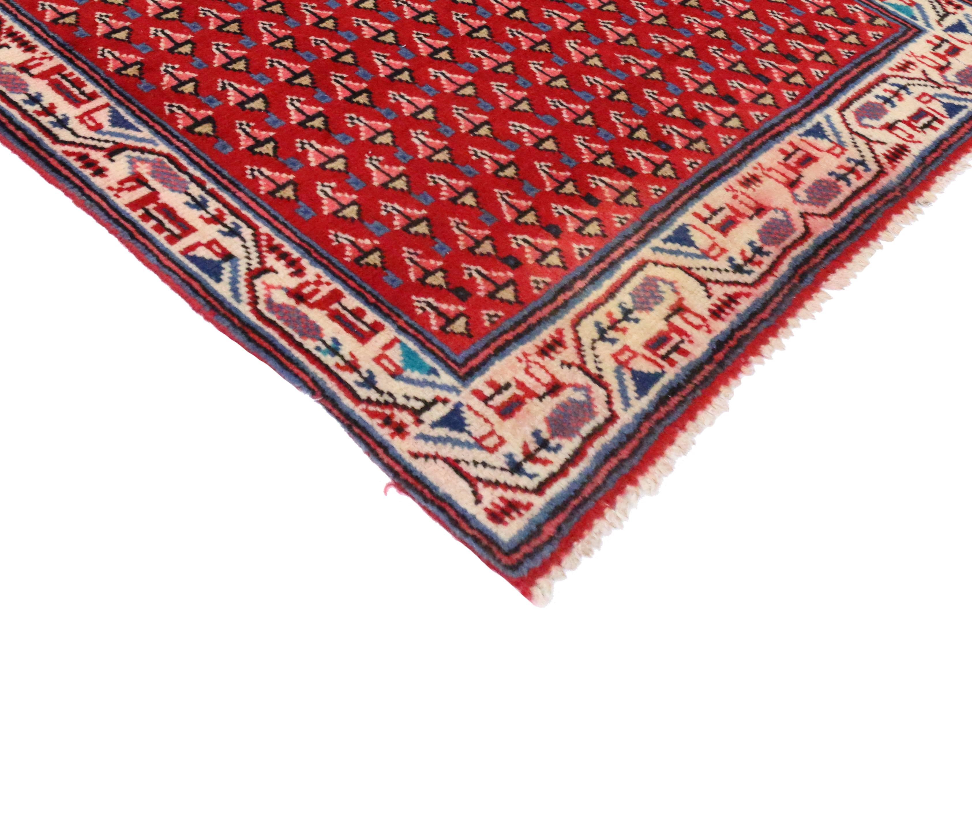76151, vintage Persian Hamadan rug with Mir-A-Boteh design. Perfect for a small space such as a foyer or a hallway, this hand-knotted wool vintage Persian Hamadan rug features an all-over geometric design. The field is patterned with a rectilinear