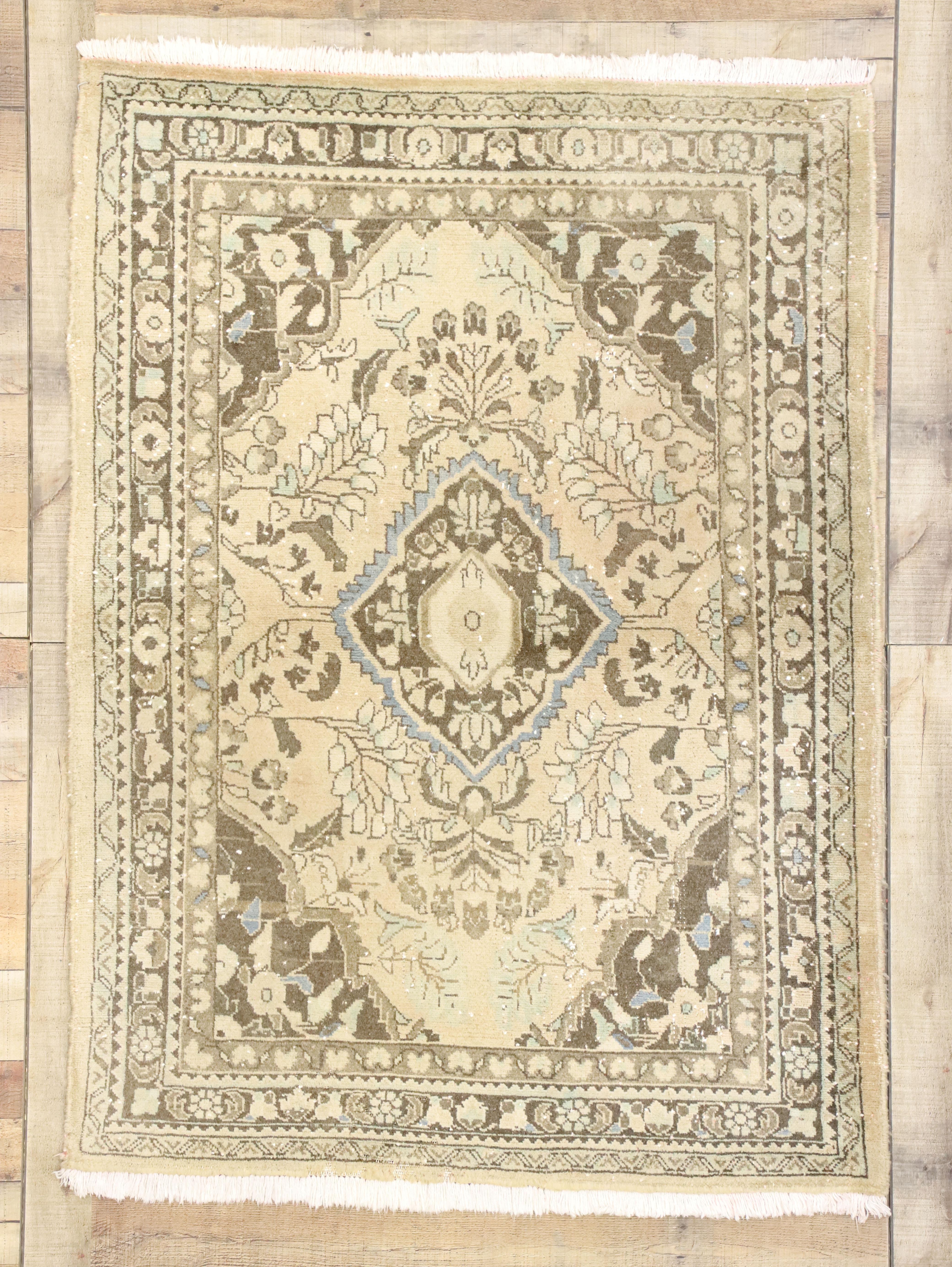 Distressed Vintage Persian Hamadan Accent Rug with Romantic French Regence Style For Sale 1