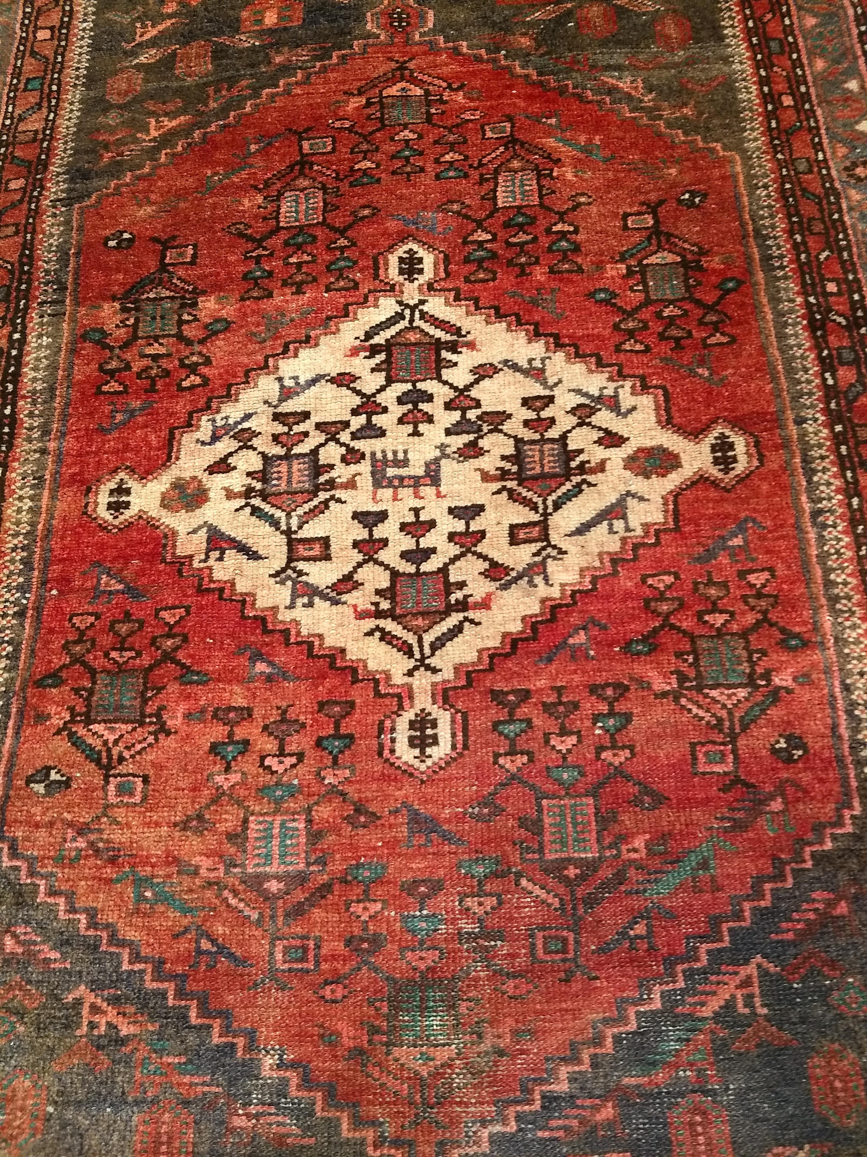 Hand-Knotted Vintage Persian Hamadan Area Rug  in Medallion Pattern in Moss Green, Red, Ivory For Sale