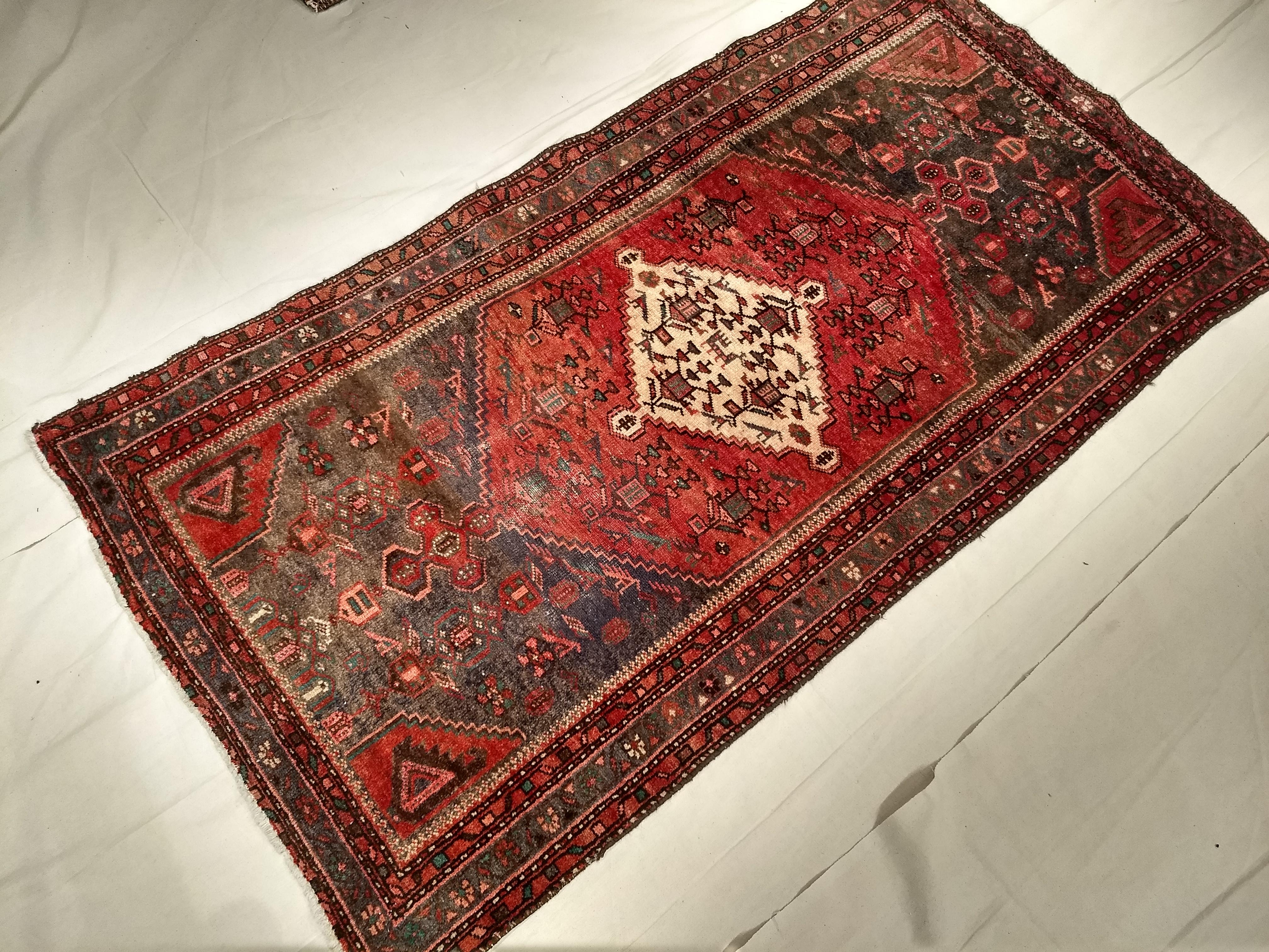 Wool Vintage Persian Hamadan Area Rug  in Medallion Pattern in Moss Green, Red, Ivory For Sale