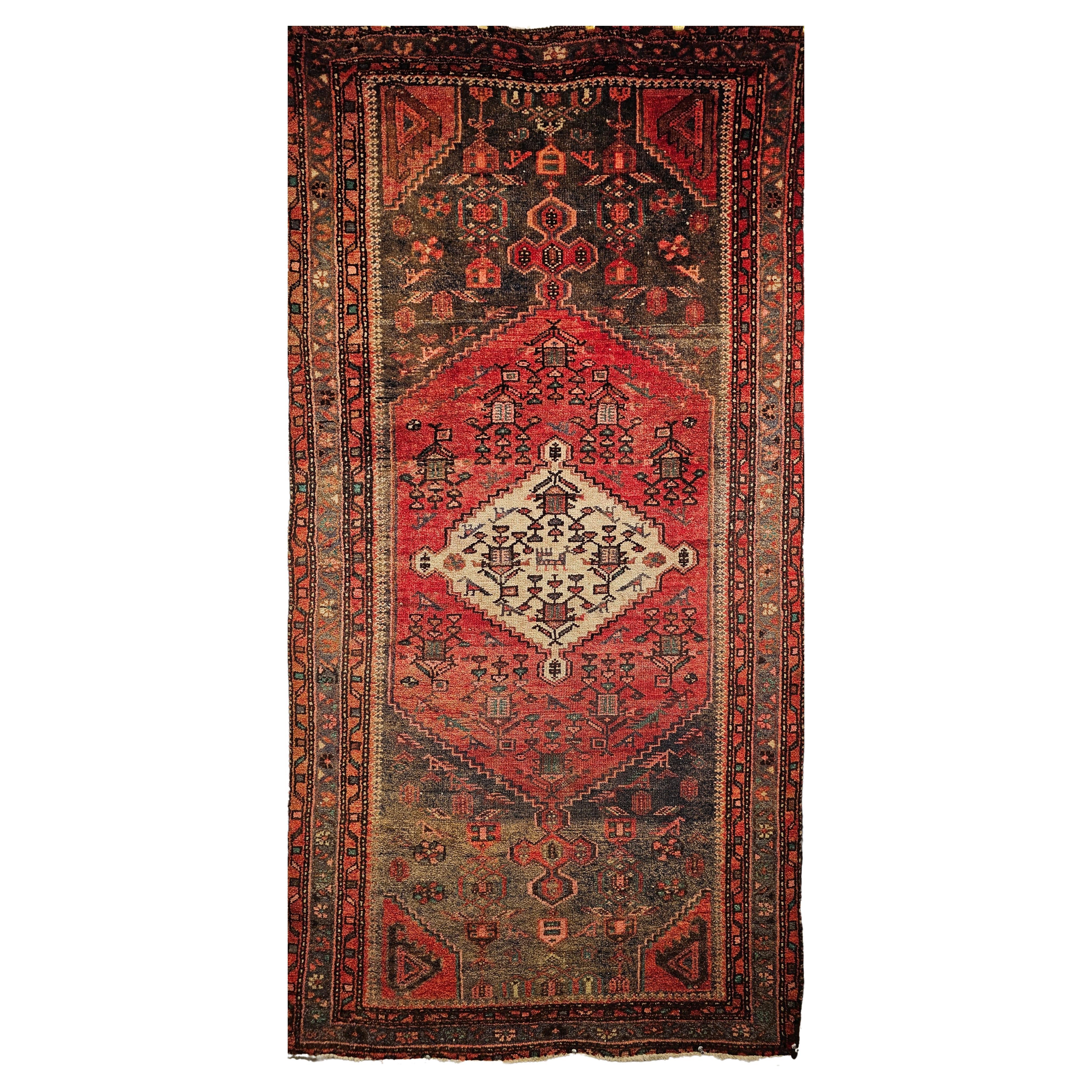 Vintage Persian Hamadan Area Rug  in Medallion Pattern in Moss Green, Red, Ivory For Sale