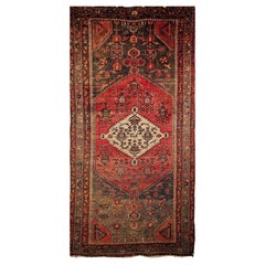 Used Persian Hamadan Area Rug  in Medallion Pattern in Moss Green, Red, Ivory