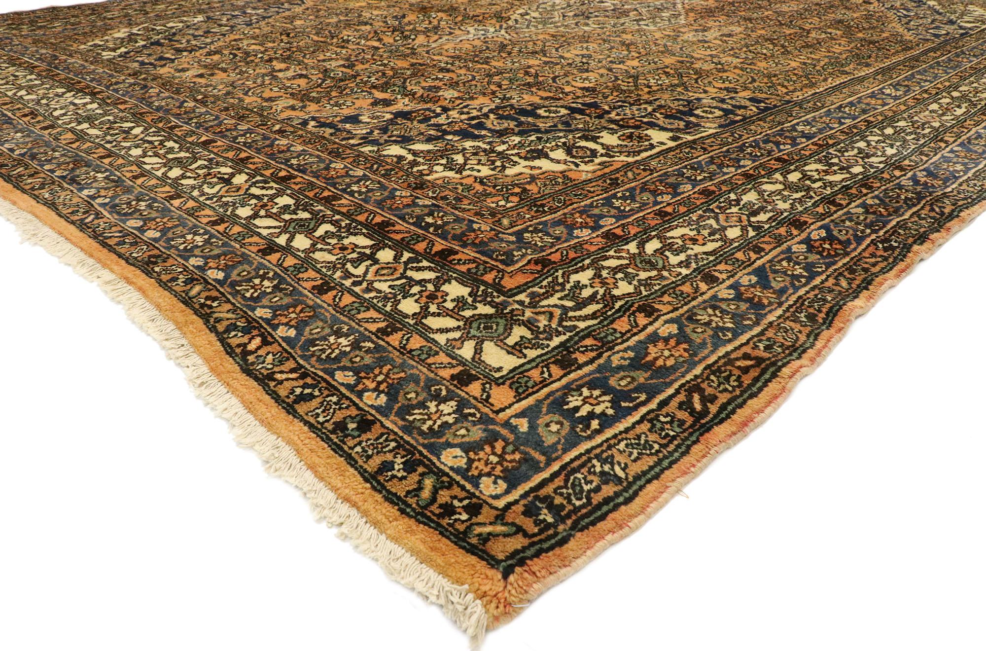 75601, vintage Persian Hamadan area rug with Mediterranean Rustic Tuscan style. Effortless beauty and soft, bespoke vibes meet rustic sensibility with a Mediterranean Villa Tuscan style in this hand knotted wool vintage Persian Hamadan rug. The