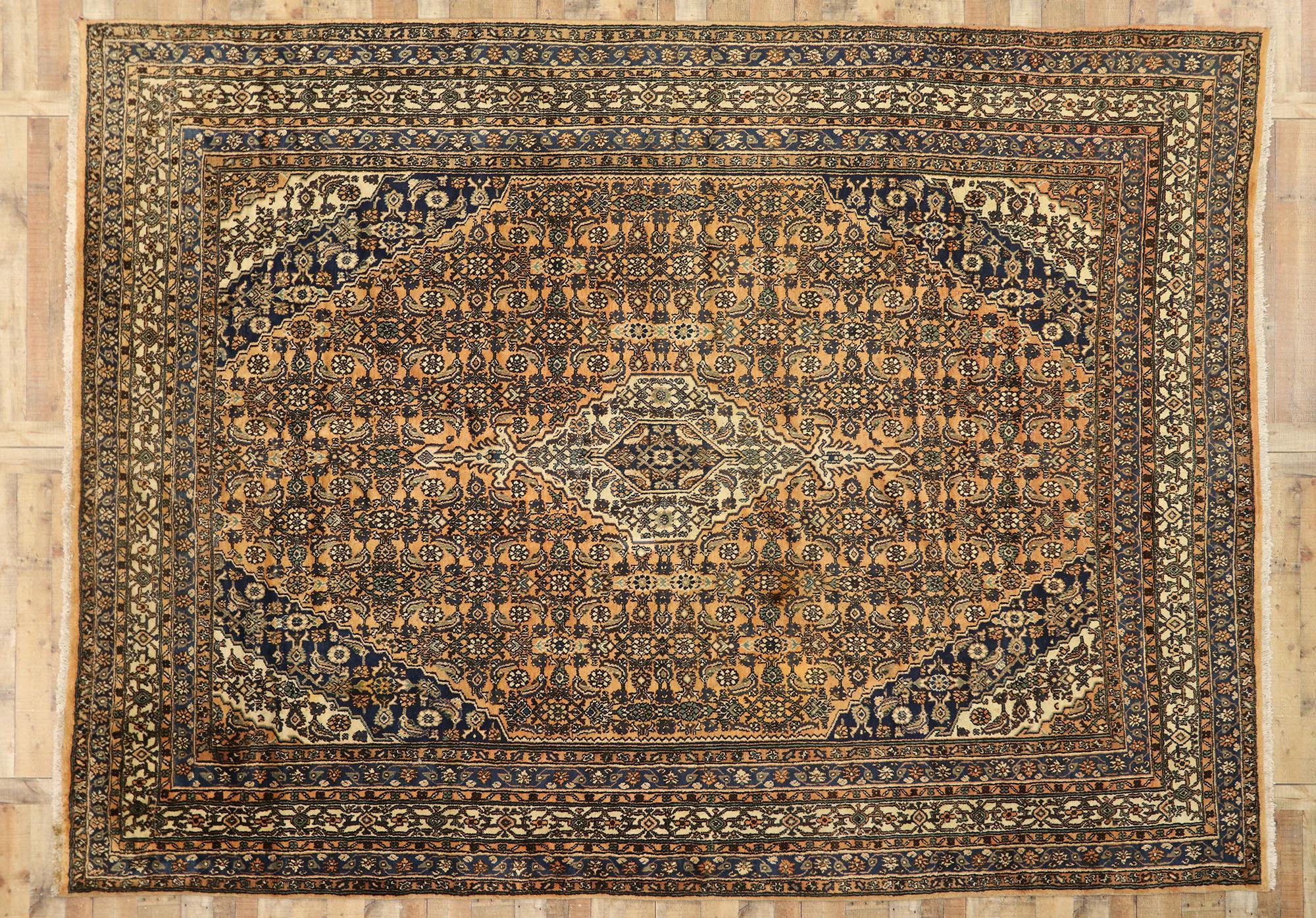 Laine Tapis persan vintage Hamadan avec motif rustique et méditerranéen de style toscan en vente