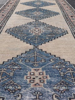 Vintage Persian Hamadan Distressed Runner With Medallion Design In Navy Blue
