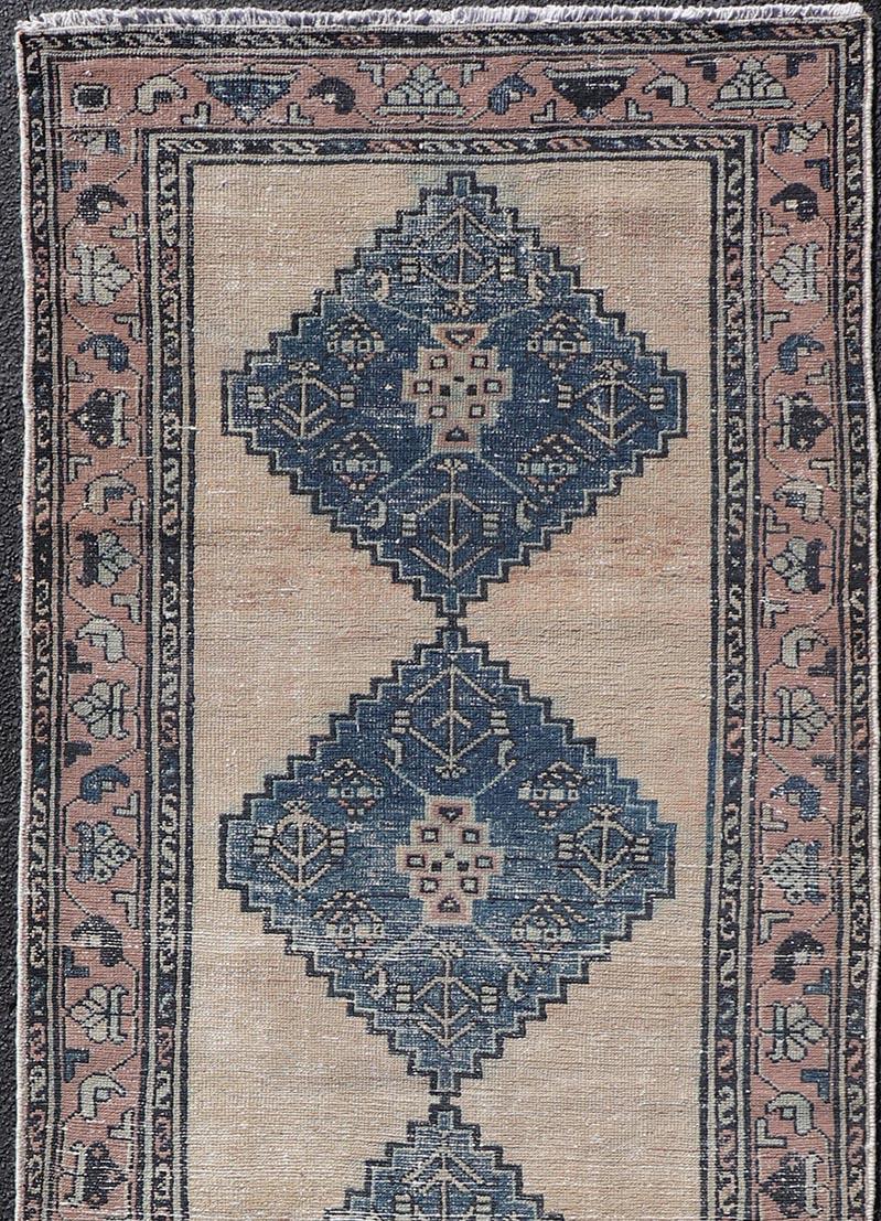 Malayer Vintage Persian Hamadan Distressed Runner With Medallion Design In Navy Blue For Sale