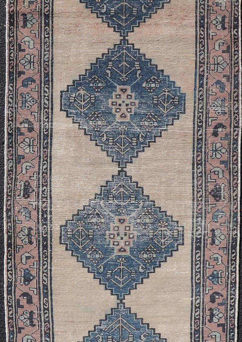 Hand-Knotted Vintage Persian Hamadan Distressed Runner With Medallion Design In Navy Blue For Sale