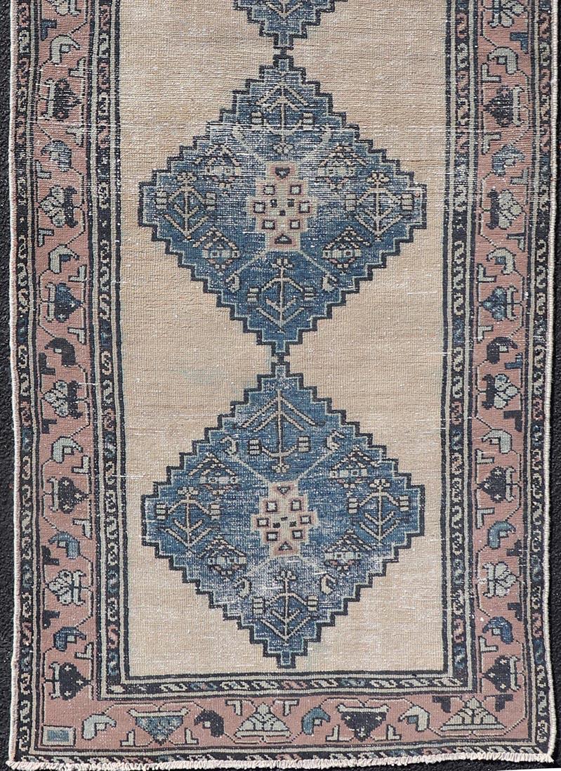 Vintage Persian Hamadan Distressed Runner With Medallion Design In Navy Blue In Good Condition For Sale In Atlanta, GA
