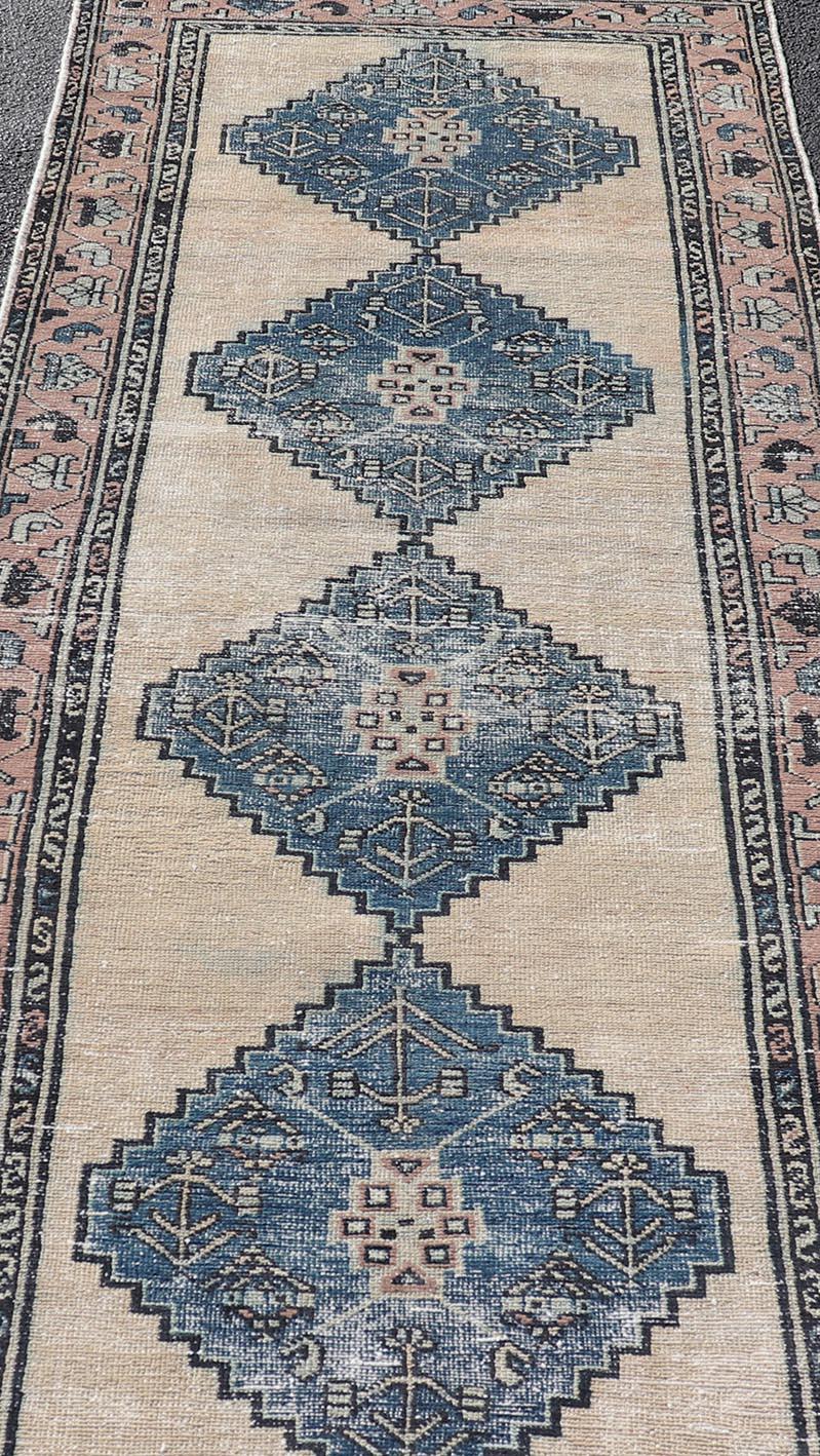 Vintage Persian Hamadan Distressed Runner With Medallion Design In Navy Blue For Sale 1