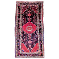 Vintage Persian Hamadan Gallery Rug in Geometric Design in Red, Navy, Blue, Pink