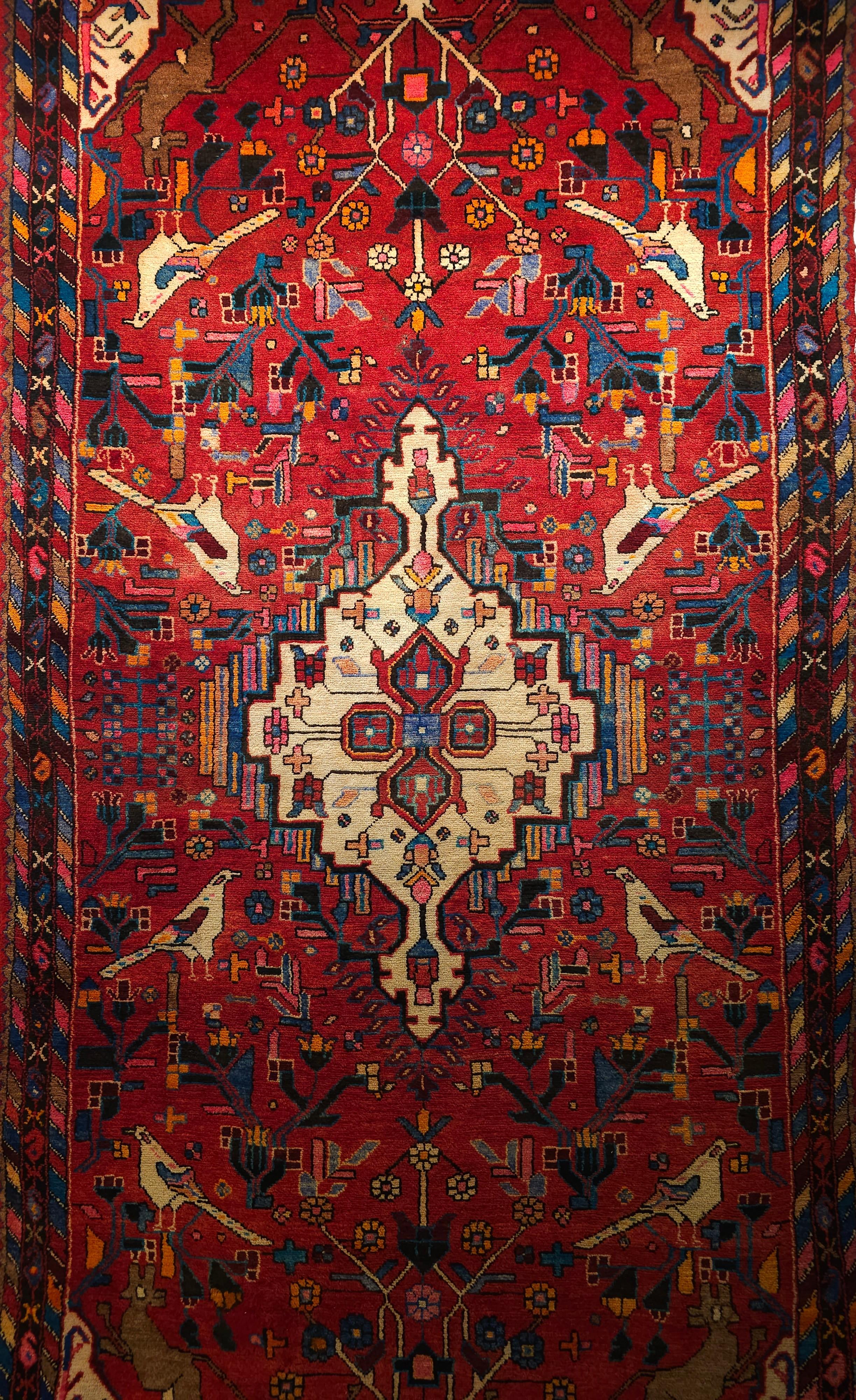 Vintage Persian Hamadan Gallery Rug with Animal Designs in Red, Ivory, Blue In Good Condition For Sale In Barrington, IL