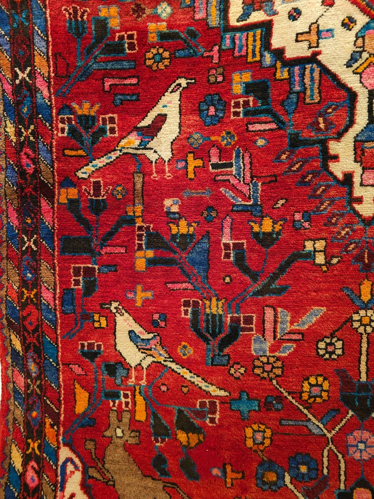Vintage Persian Hamadan Gallery Rug with Animal Designs in Bright Red ...