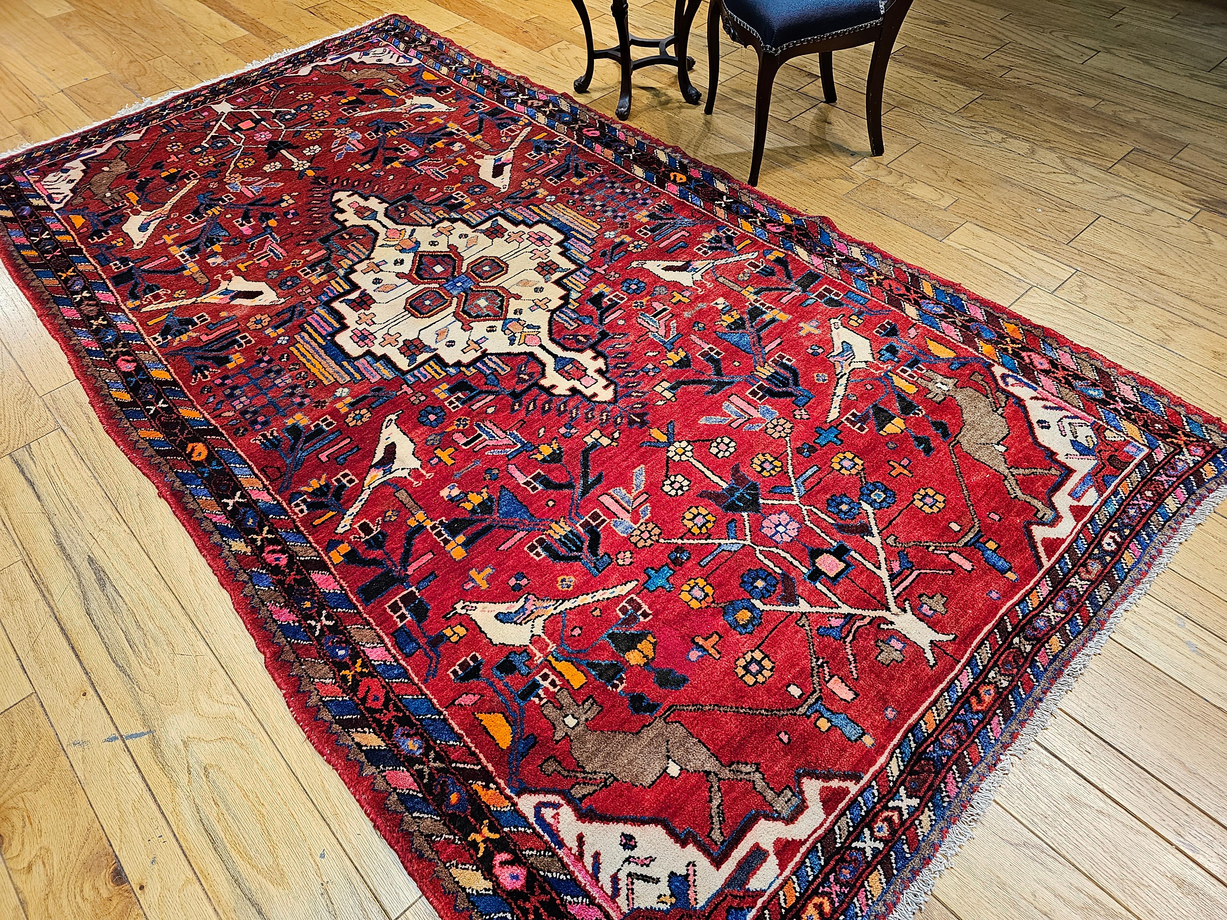 Vintage Persian Hamadan Gallery Rug with Animal Designs in Red, Ivory, Blue For Sale 5
