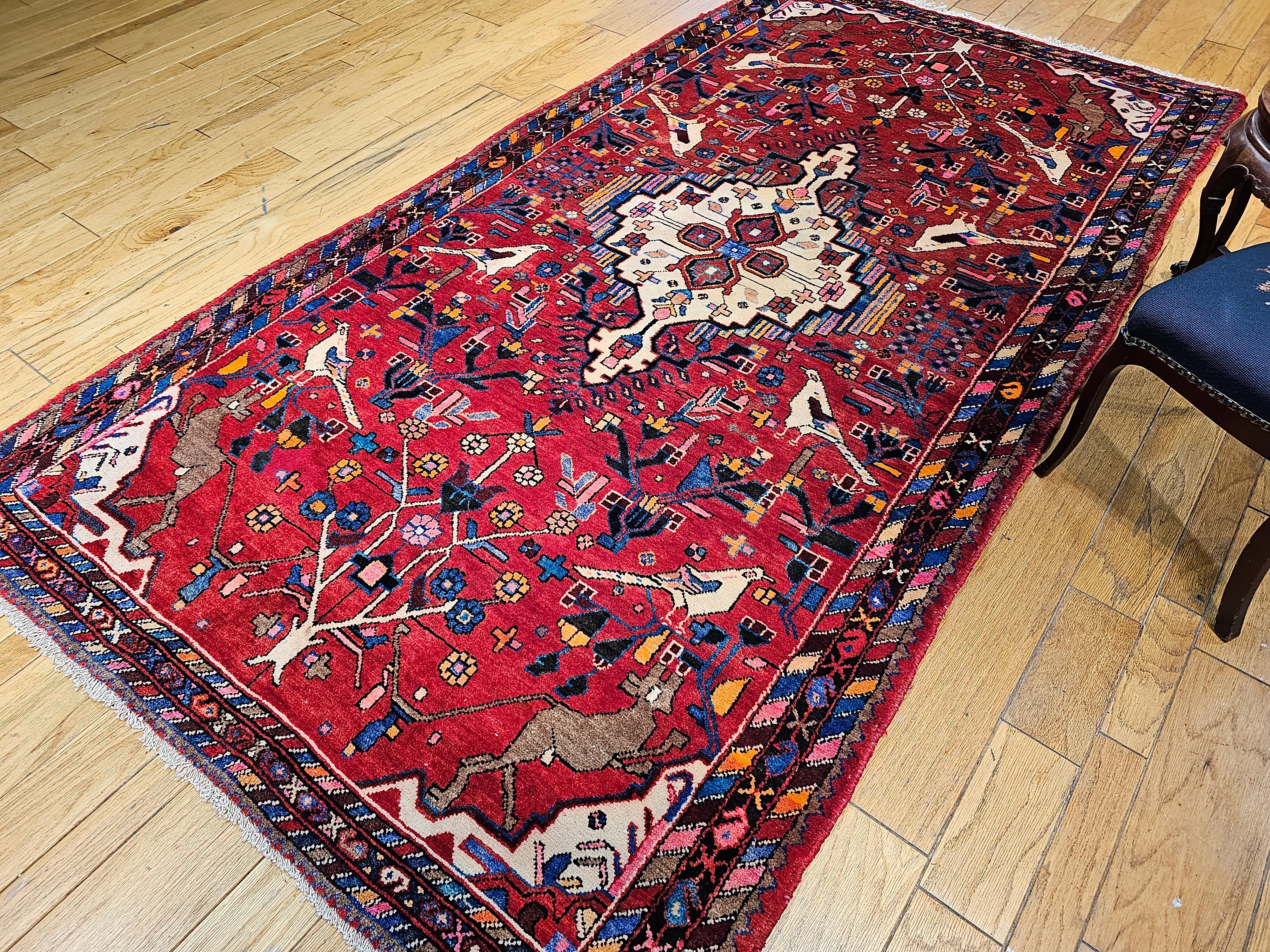 Vintage Persian Hamadan Gallery Rug with Animal Designs in Red, Ivory, Blue For Sale 6