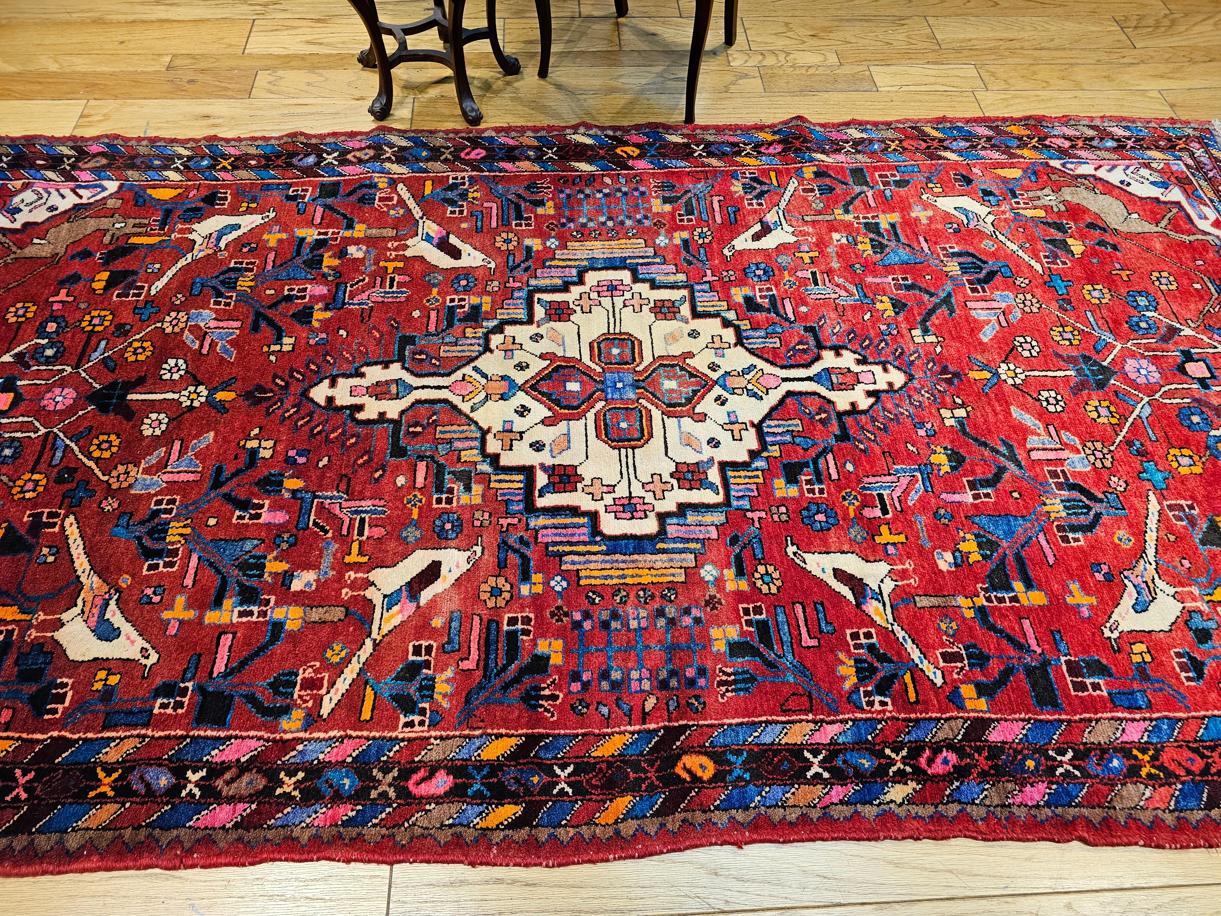 Vintage Persian Hamadan Gallery Rug with Animal Designs in Red, Ivory, Blue For Sale 7