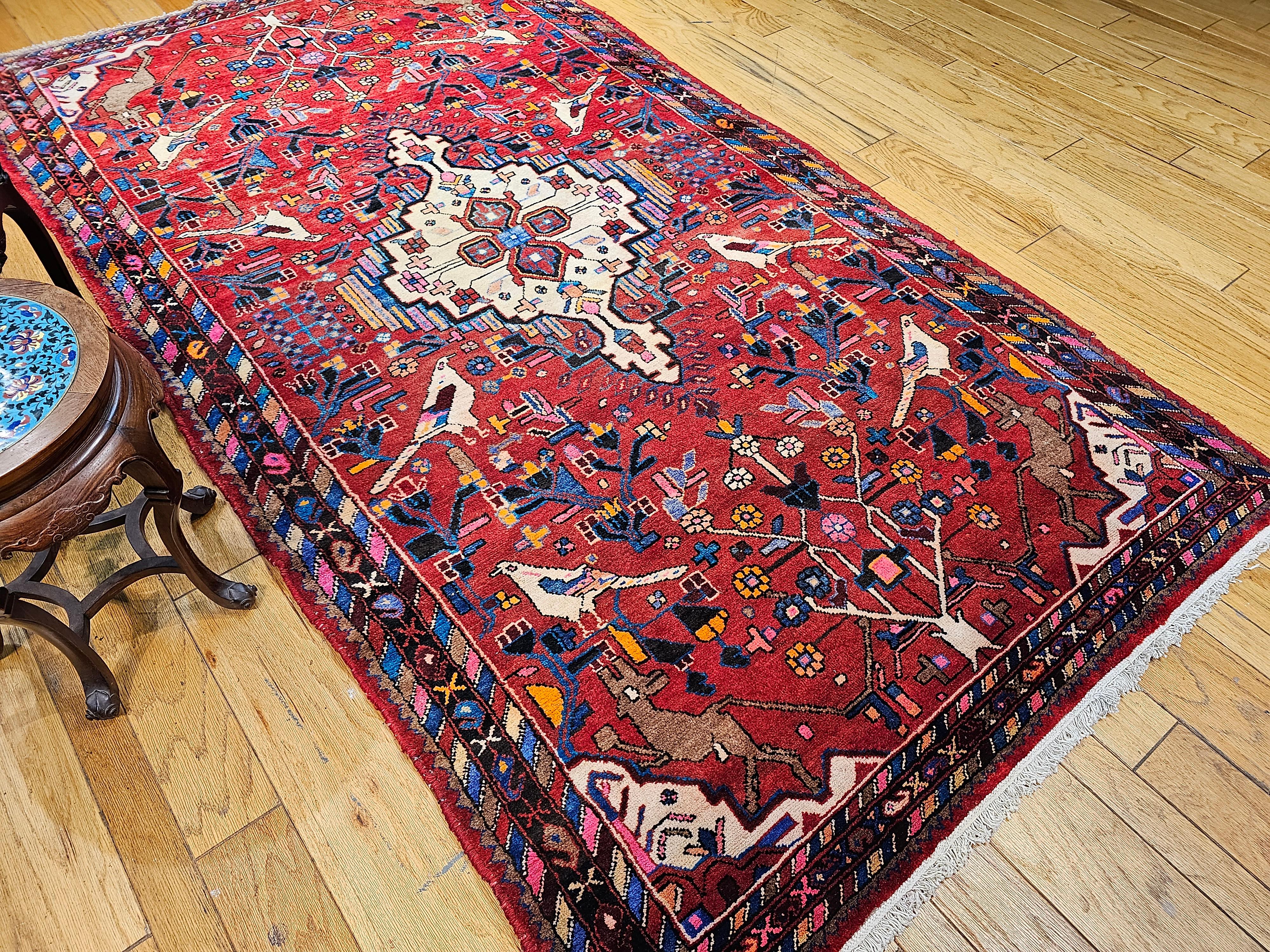 Vintage Persian Hamadan Gallery Rug with Animal Designs in Red, Ivory, Blue For Sale 8