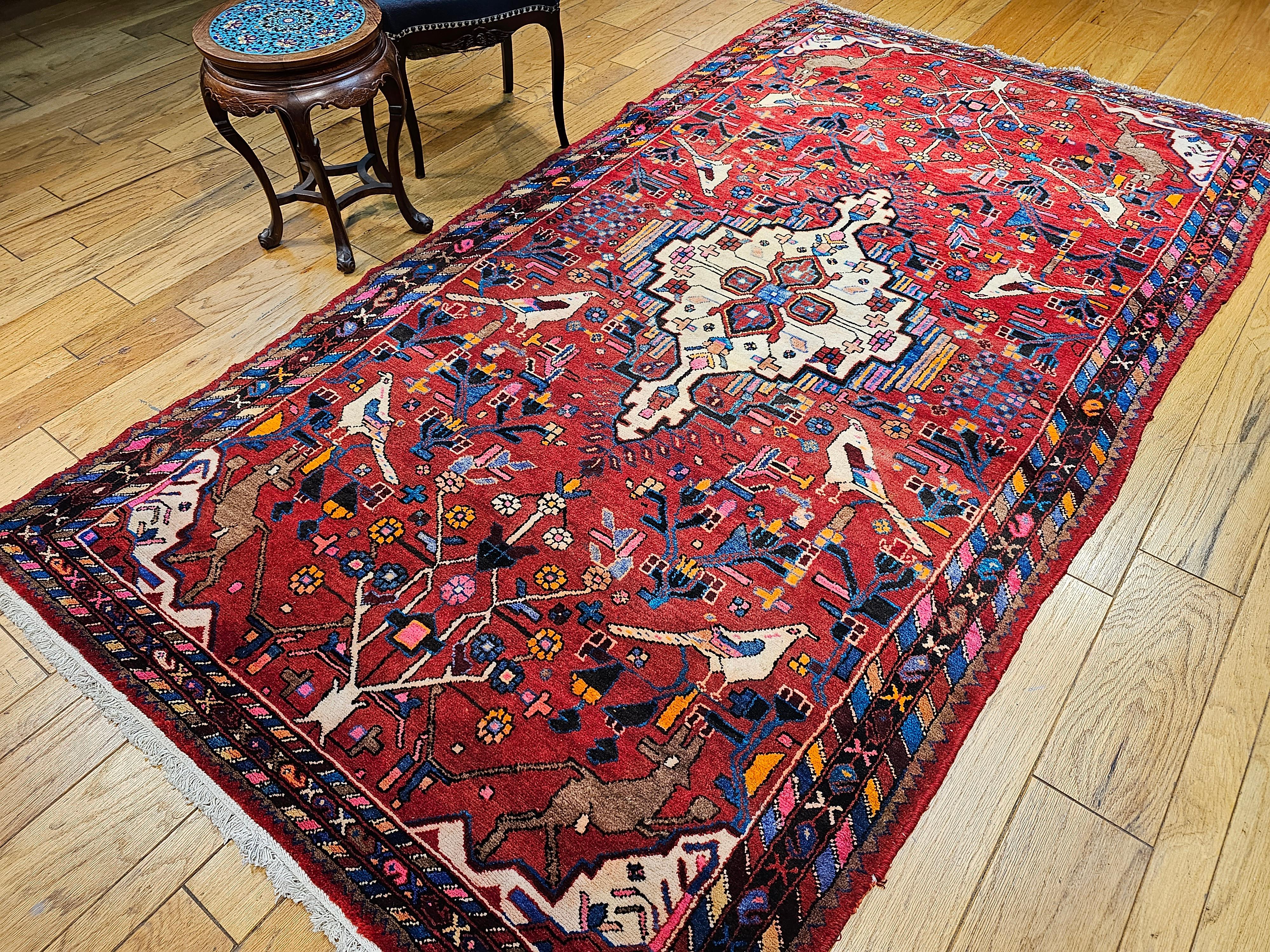 Vintage Persian Hamadan Gallery Rug with Animal Designs in Red, Ivory, Blue For Sale 9
